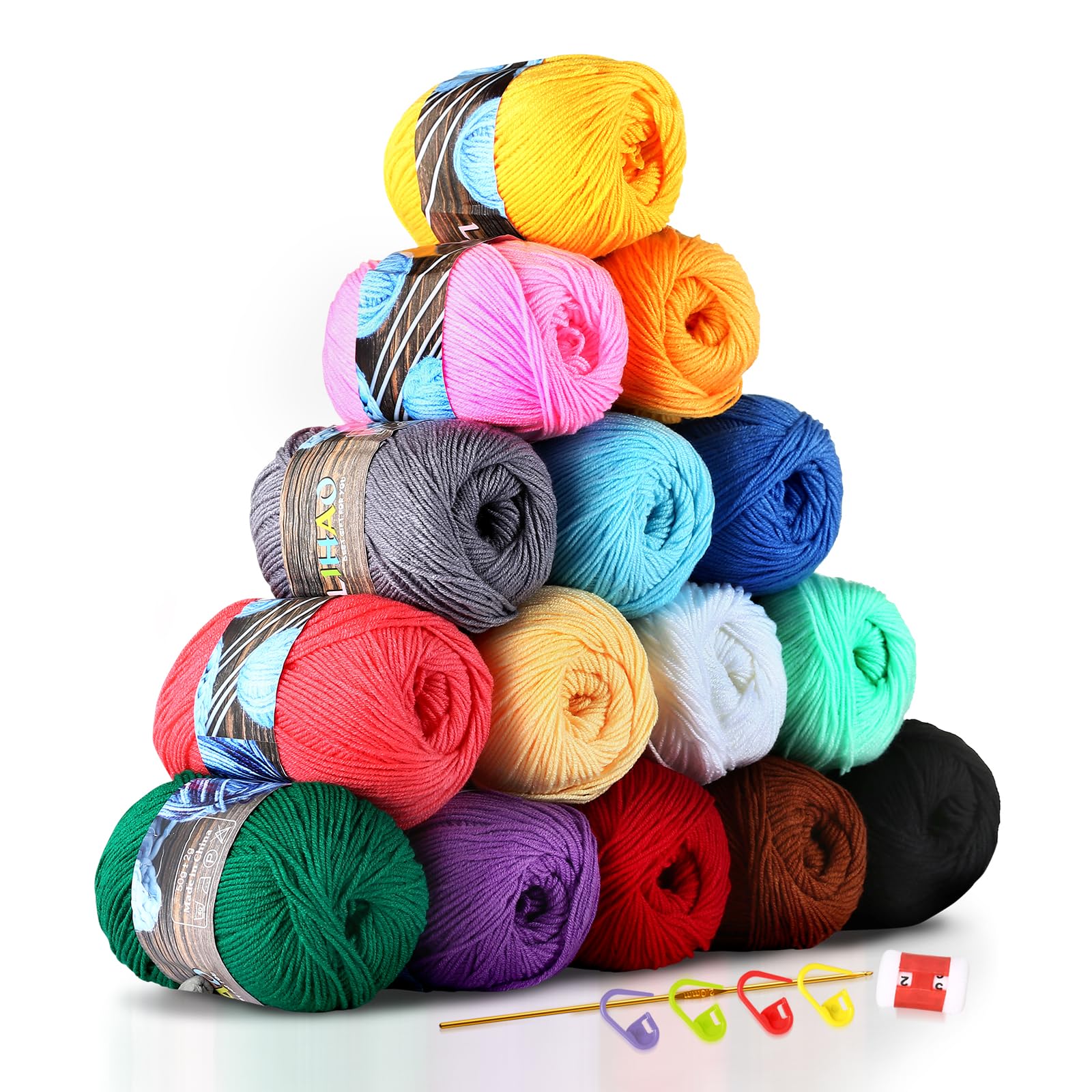 LIHAO 15 matasse di filato di cotone per uncinetto, lavori a maglia, kit all'uncinetto per principianti, con uncinetto e segnapunti (150 m per gomitolo)