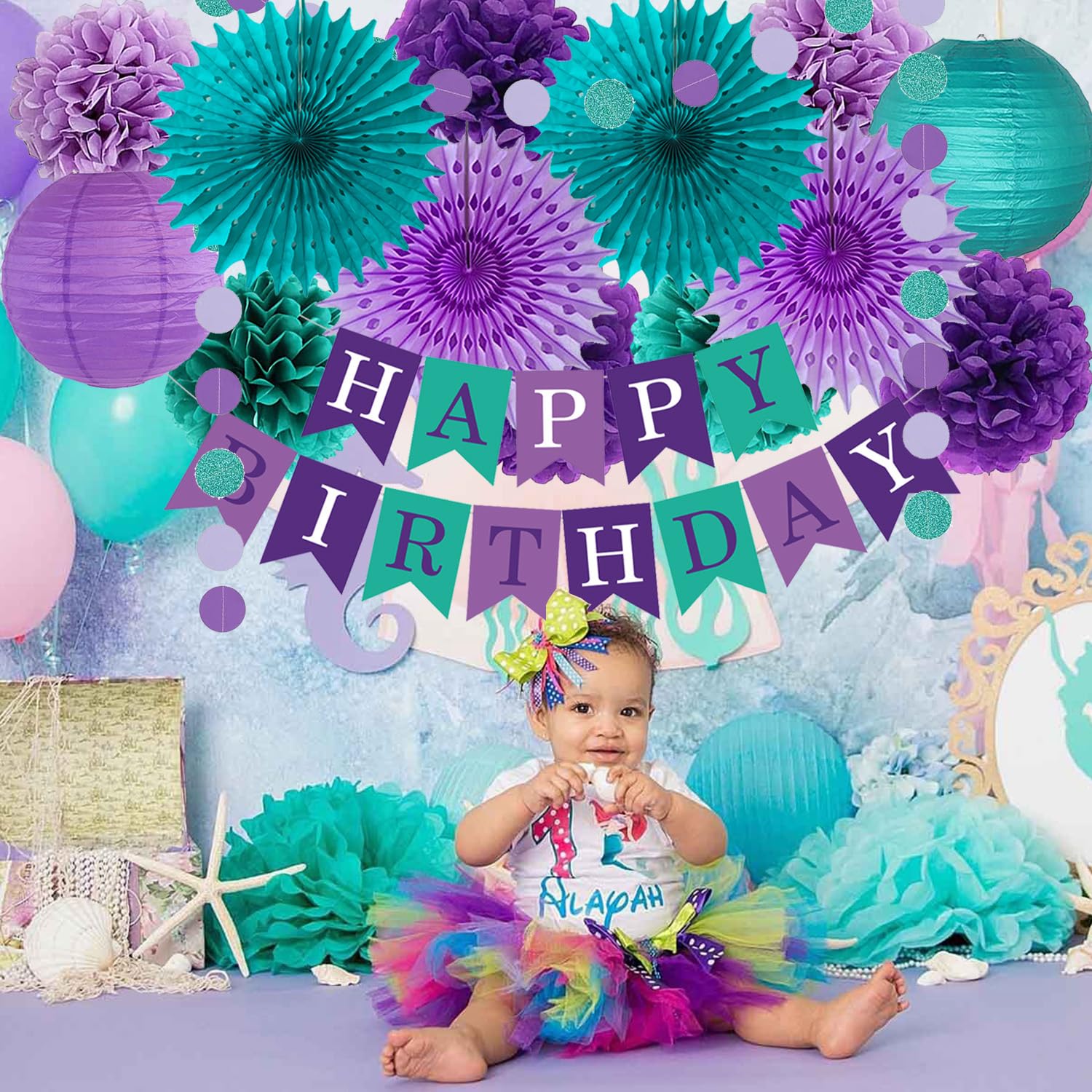Teal Viola Lavanda Decorazioni per feste Sirena Festa di Compleanno Tessuto Pom Pom Fiori Lanterne Buon Compleanno Banner Dots Ghirlanda sotto il mare Festa Ragazze Baby Shower Party Decorazione