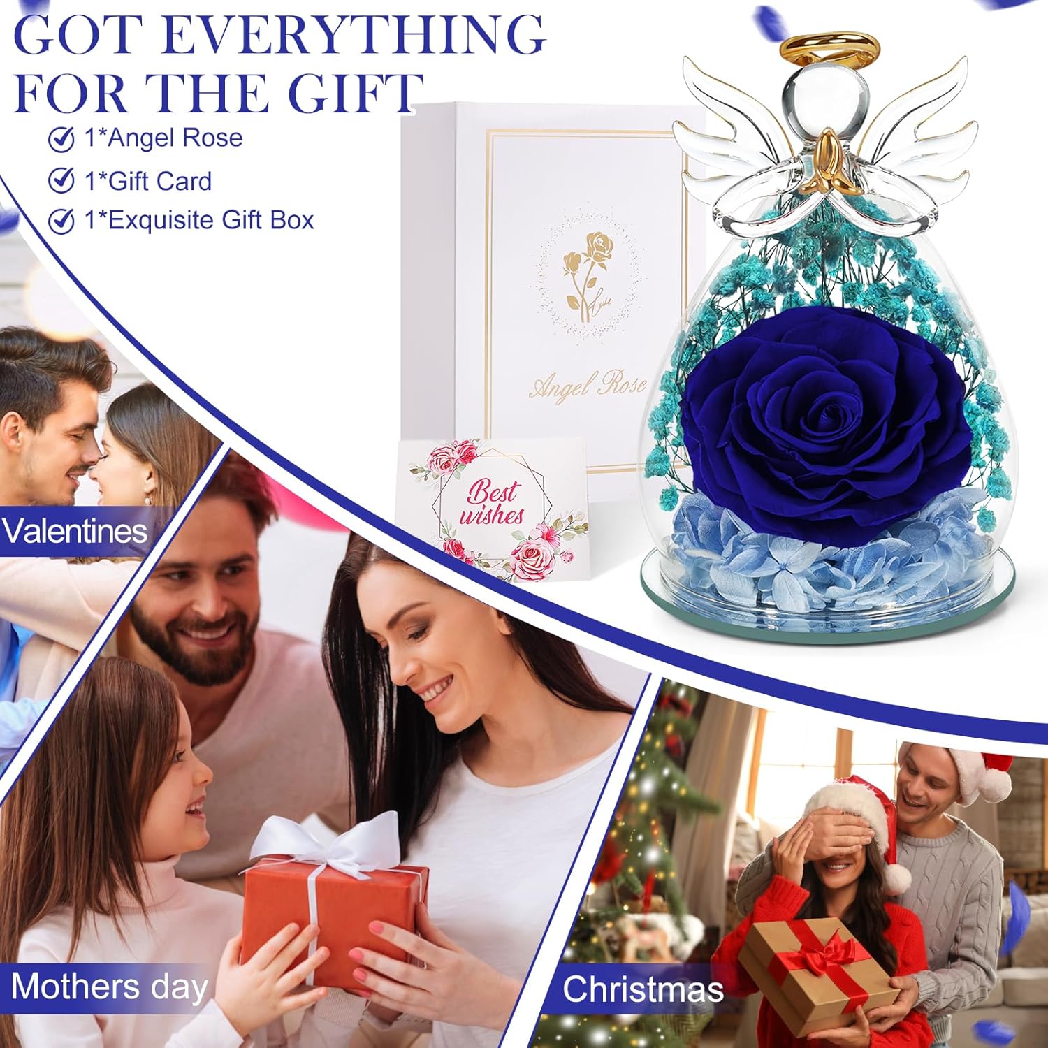 Mothers Day Rose Gifts for Mom Women Birthday Gift, Flowers for Delivery Preserved Flowers Forever Eternal Rose in Glass Angel Figurine Mother's Day Flower Gifts for Wife Daughter Grandma Sister Blue