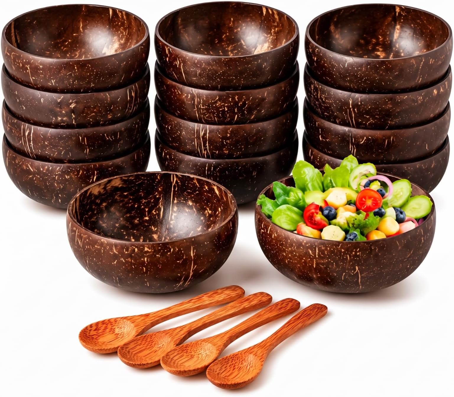 24 Pcs Bulk Polished Coconut Bowls and Wooden Spoon Sets | Polished Coconut Salad Smoothie Bowls, Kitchen Natural Dinnerware, Farmhouse Style Decoration for Birthday Gifts