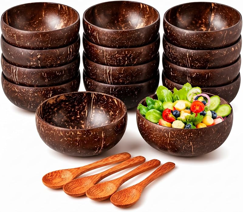 24 Pcs Bulk Polished Coconut Bowls and Wooden Spoon Sets | Polished Coconut Salad Smoothie Bowls, Kitchen Natural Dinnerware, Farmhouse Style Decoration for Birthday Gifts