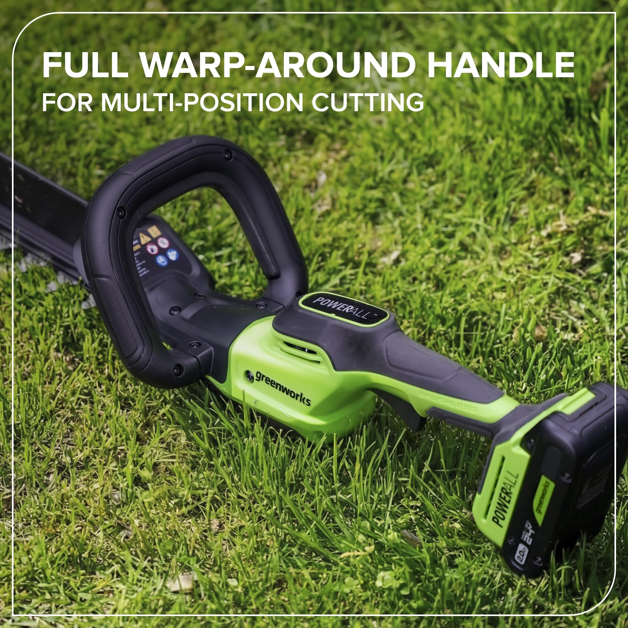 Greenworks Akumulatorowe nożyce do żywopłotu 24 V 51 cm, silnik bezszczotkowy, 28 mm podwójne ostrze, zintegrowana wymiotka Hedge Sweeper, ergonomiczny uchwyt, tylko narzędzie HT2002DA1
