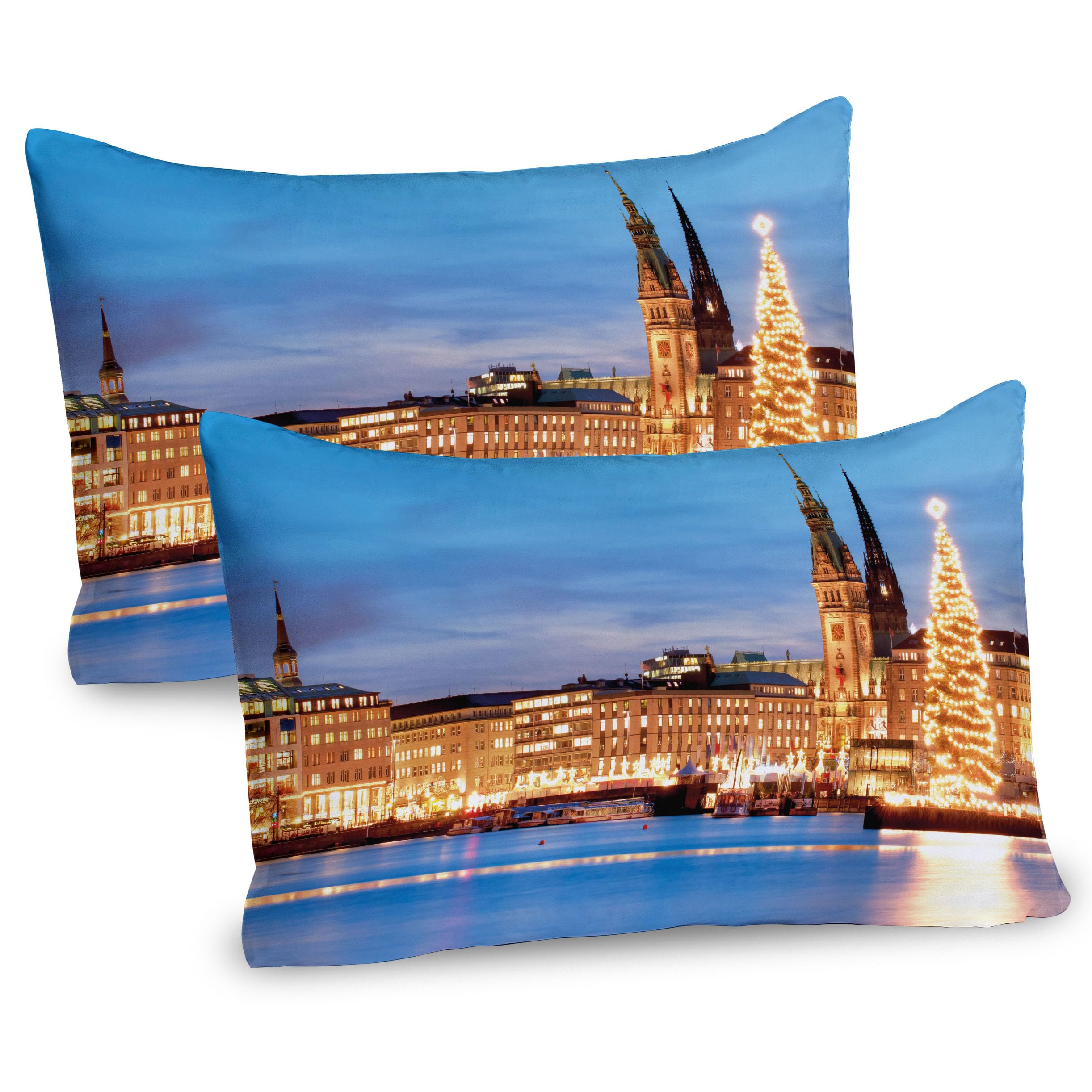 Ambesonne Winter Pillow Sham Set of 2, Hamburg Germany Old Town Hall with Christmas Tree Historical Architecture, Quality Microfiber Bedding Item for All Seasons, 26