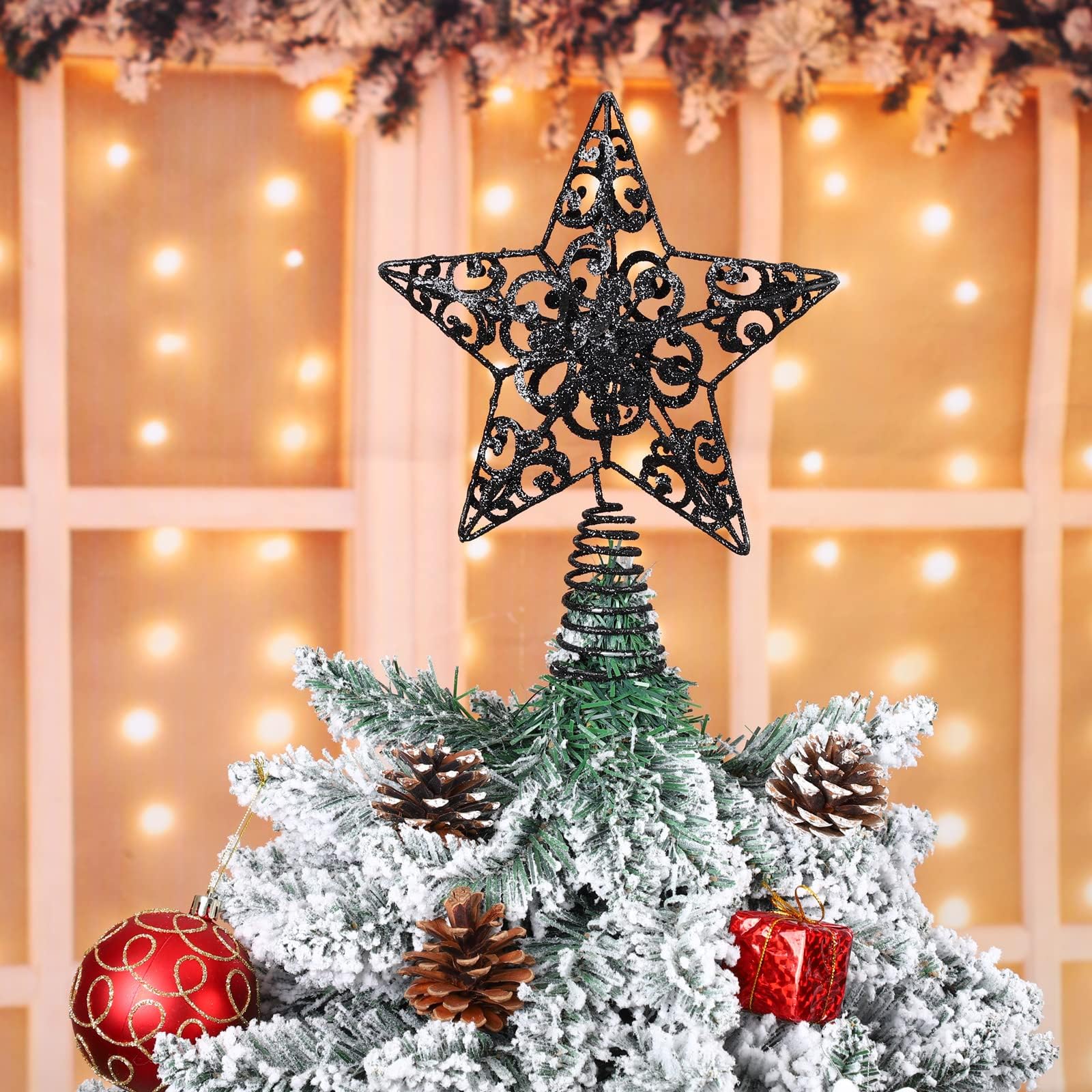 Aneco 25,4 cm Metall glitzernde Weihnachtsbaumspitze Stern Baumspitze Dekoration für Weihnachten Home Decor Schwarz