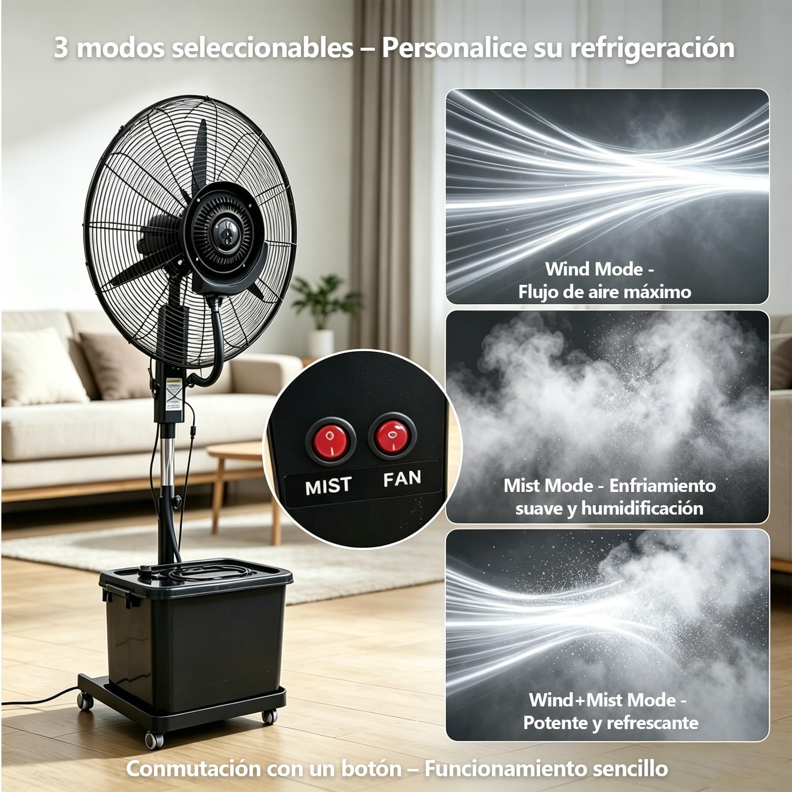 Ventilador Humidificador 42L con Nebulizador, 3 Velocidades, Altura Regulable 160-200cm, Oscilación 90°, Ruedas Pivotantes, Enfriador De Aire Portatil Ventiladores de Pie con Agua para Oficina(⌀71cm)