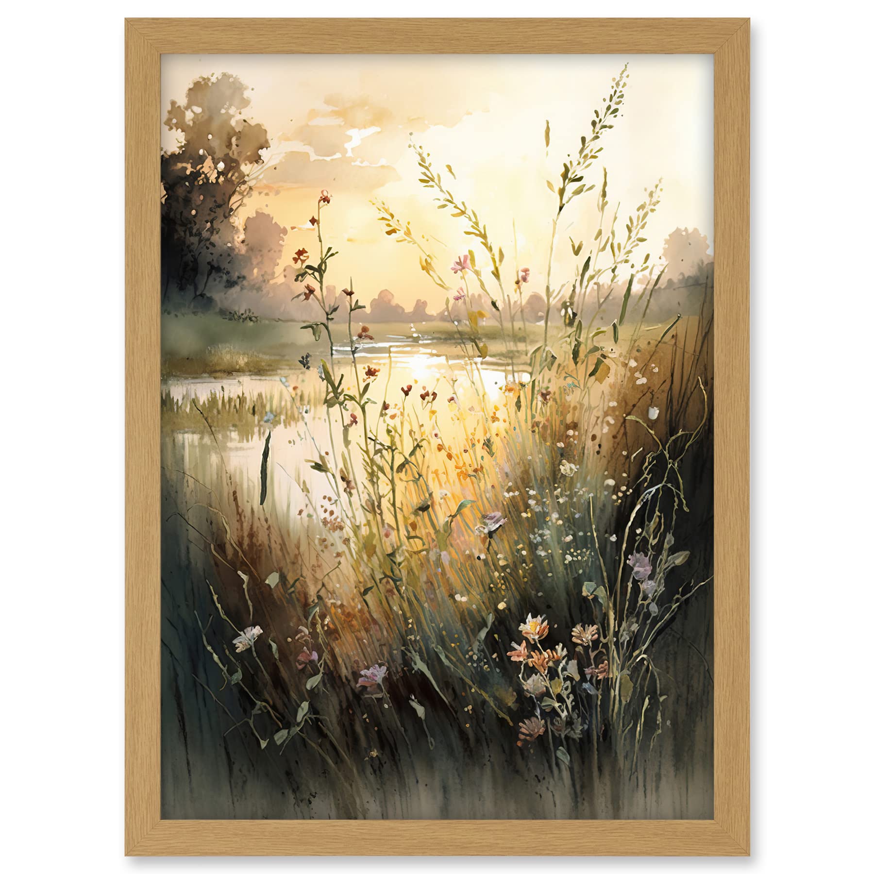 Artery8 Serene Lakeside Landscape with Wildflowers at Dawn Modern Watercolour Painting Artwork Framed A3 Wall Art Print