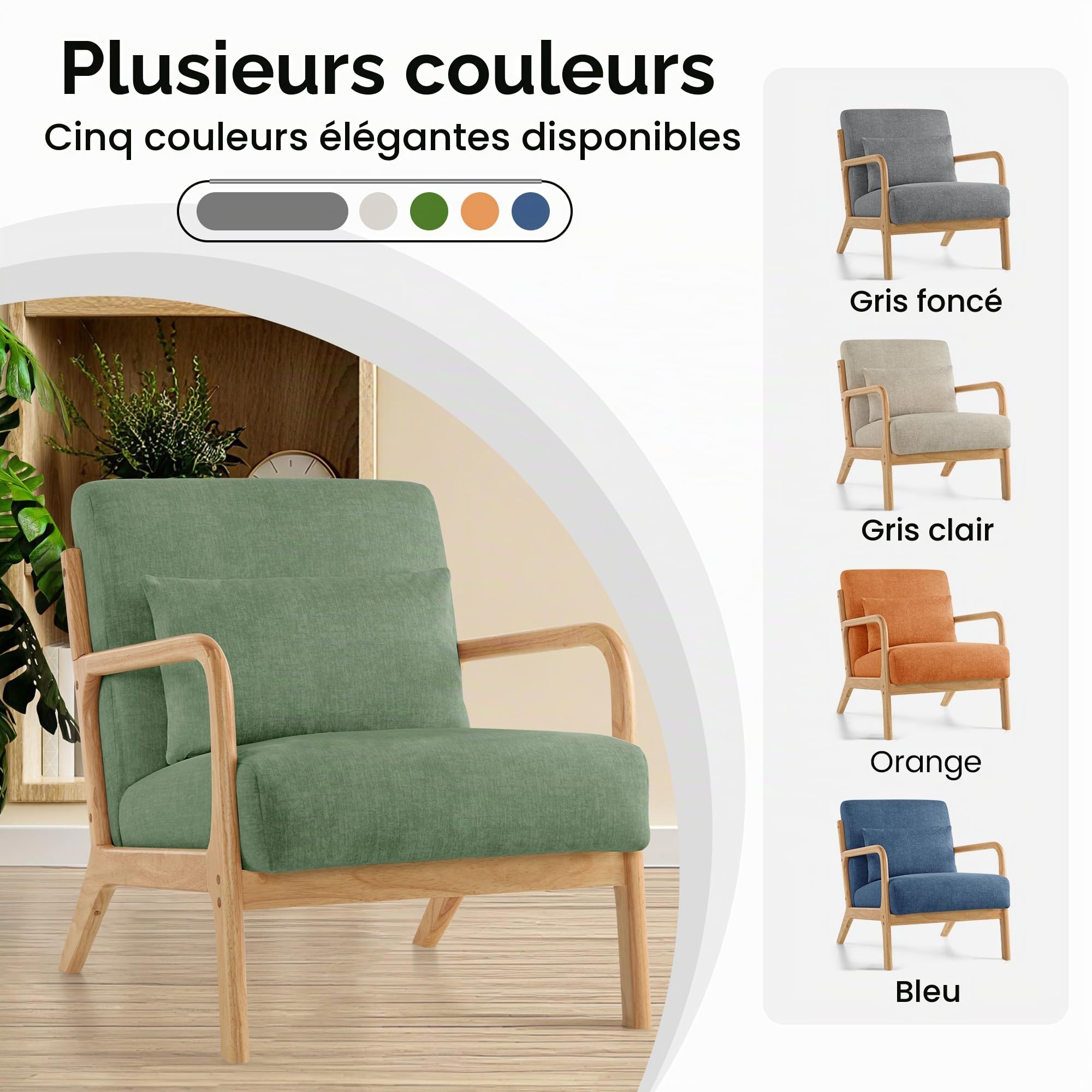 Fauteuil d'Accent Moderne avec Oreiller Sillon Confortable Cadre en Bois Massif Tapissé Style Mid-Century pour Lecture Salon Chambre,Vert