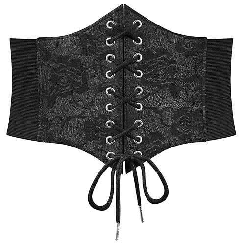 SUOSDEY Black Corset Belt for Women, Vintage Lace-up Elastic Waist, Tied Waspie Wide Belt for Halloween Costume - 13-black Lace - L: Waist Size 36''-40''