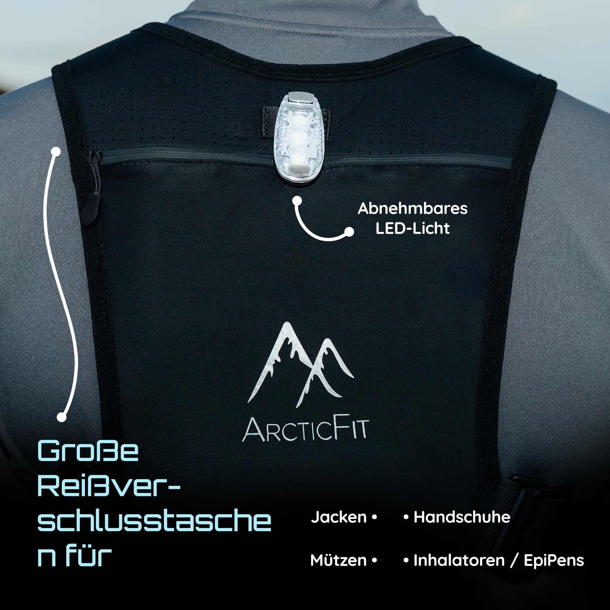 ArcticFit LED Laufweste – Verstellbare Unisex Reflektierende Weste mit Handyhalterung und Aufbewahrung – Leichte und langlebige Laufrucksack-Alternative – Trinkweste