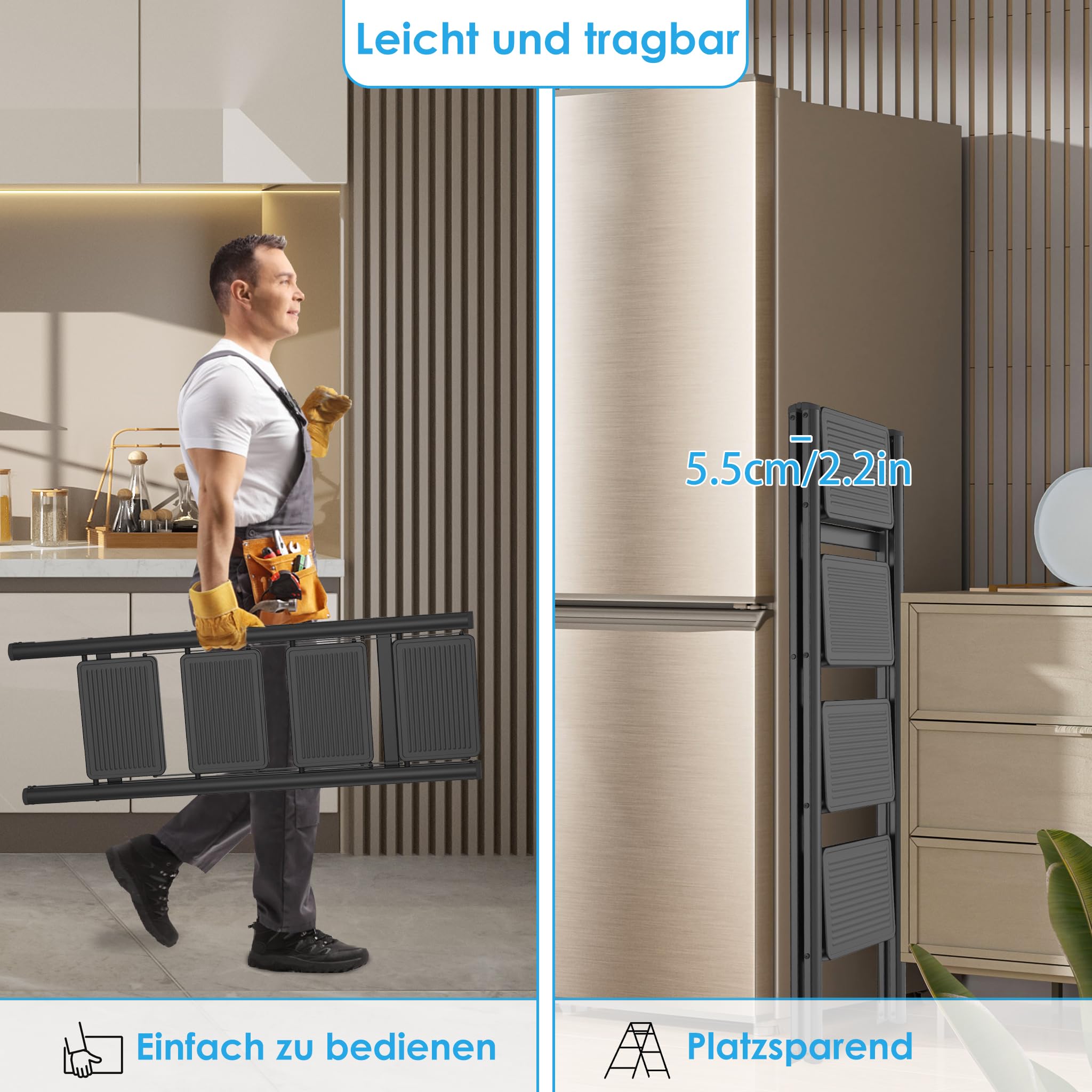 UISEBRT Trittleiter 4 Stufen Klappbar, Stehleiter, rutschfeste Haushaltsleiter mit Breiten Stufen, Belastbar bis 250KG, Faltbar für Haushalt, Küche, Büro, Schwarz