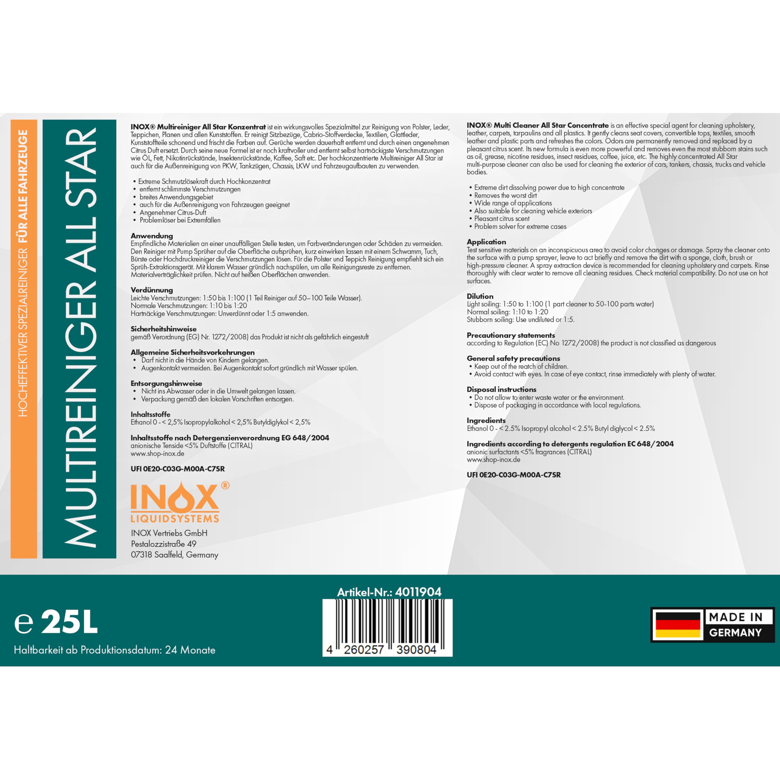 INOX® - All Star Multireiniger 25L Spray Auto Reiniger | Polsterreiniger Auto und Teppichreiniger | Kunststoffreiniger und Autoreinigung von Innen und Außen