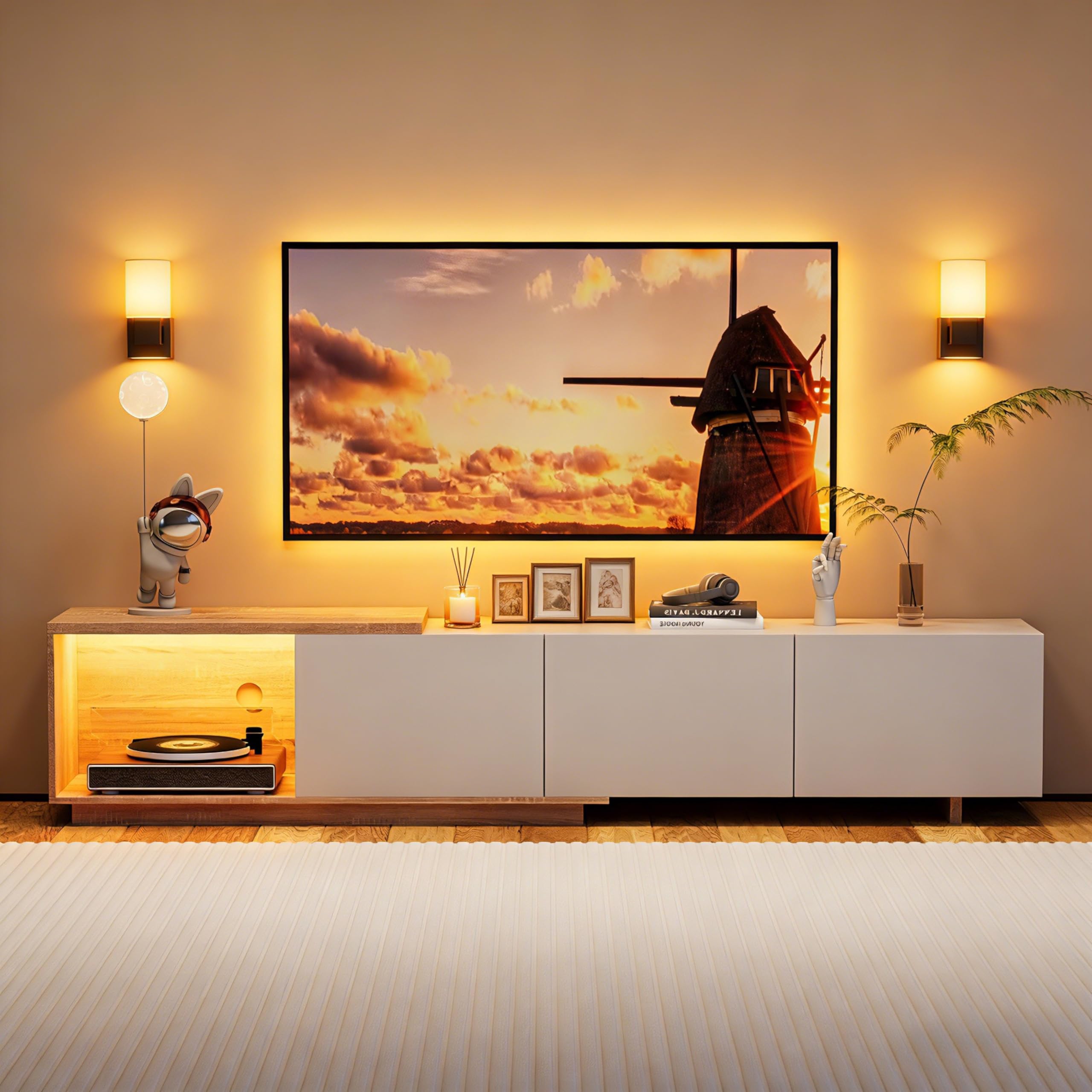 Mueble TV Extensible 163-240 cm, Mueble Bajo con LED Sensor, USB y Pasacables, 3 Cajones de Apertura a Presión, para Televisor hasta 75 Pulgadas