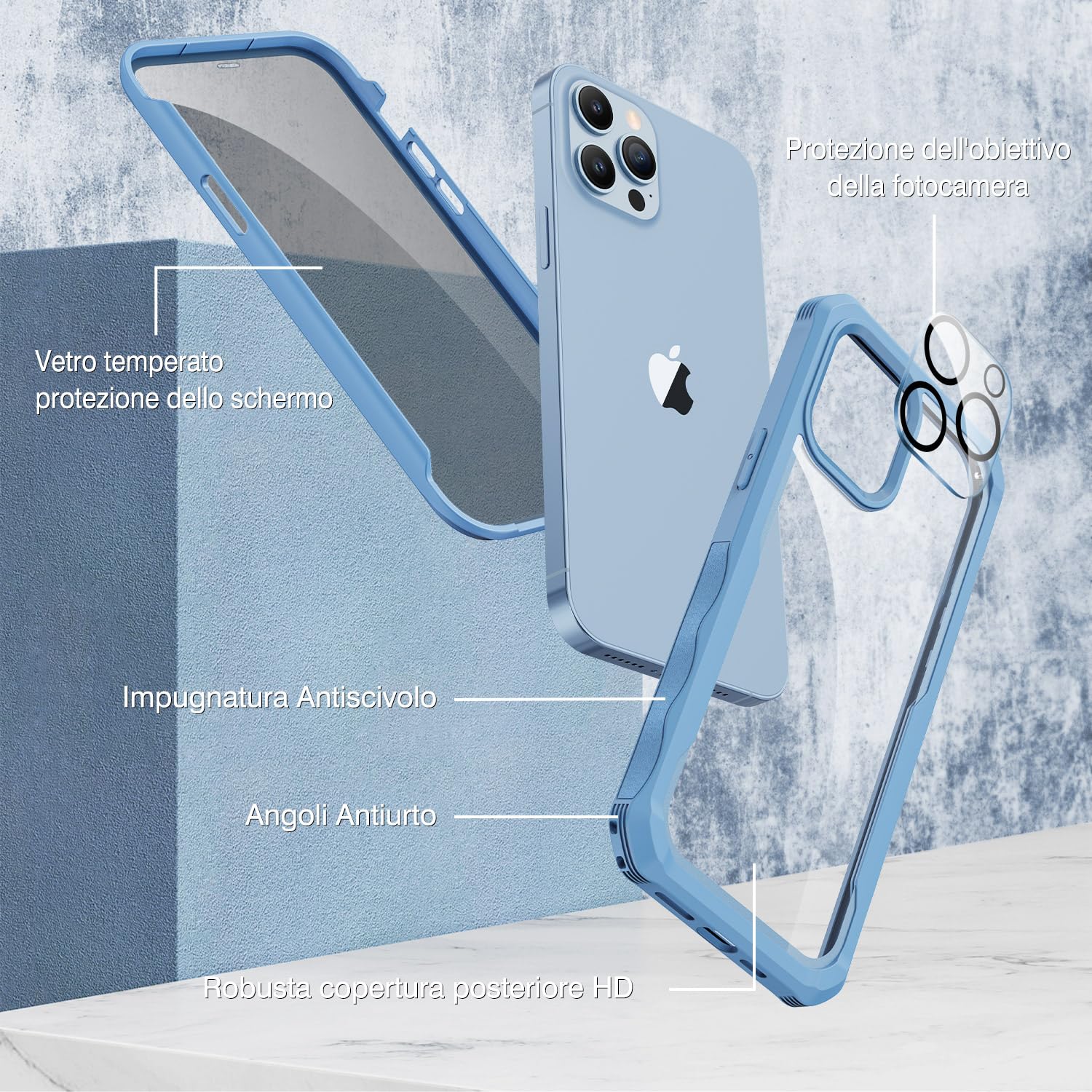 CENHUFO Privacy Cover iPhone 13 Pro, con Protezione Schermo Vetro Temperato Anti Spia e Pellicola Fotocamera [9H HD] 360 Gradi Antiurto Rugged Fronte Retro Doppia Custodia per iPhone 13 Pro - Blu