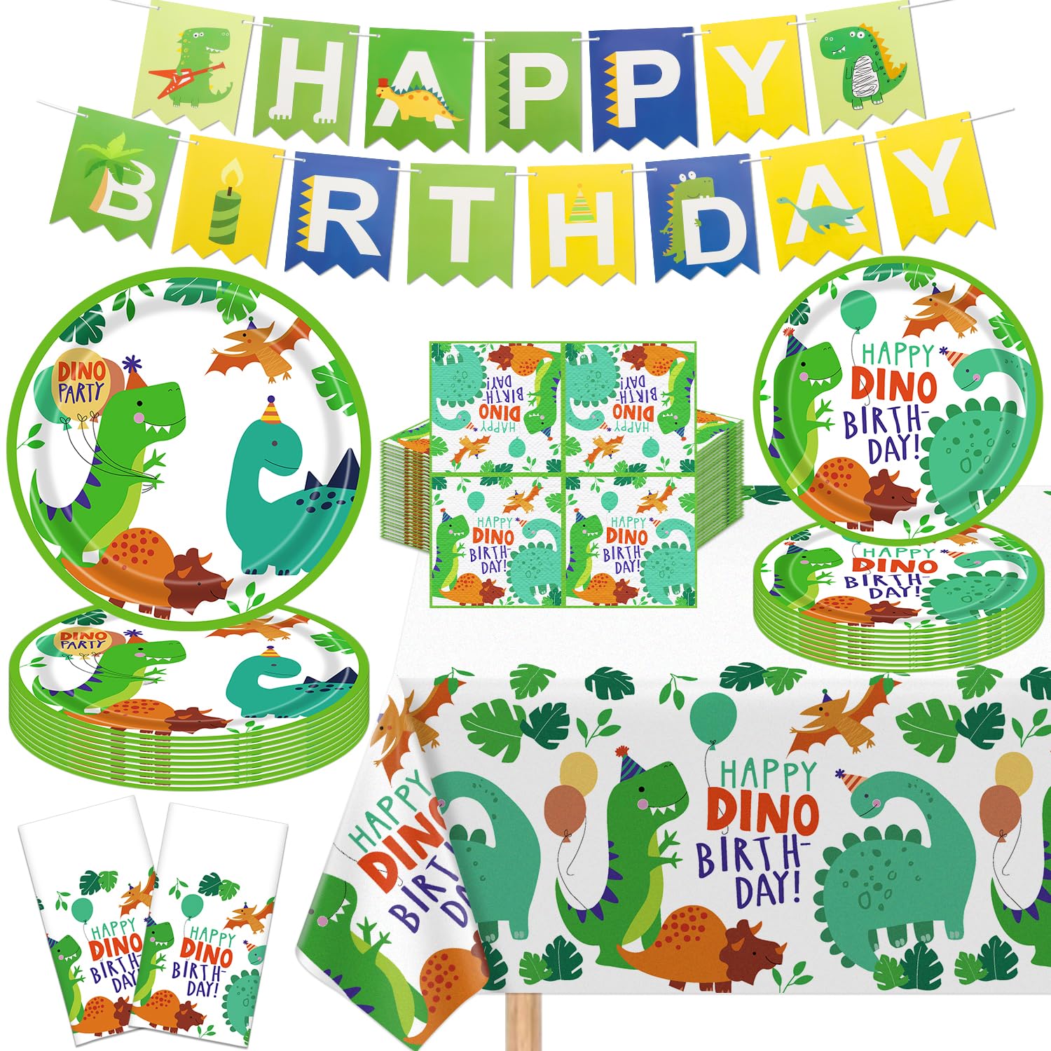 123 Confezione Dinosauro Set di decorazioni per la festa di compleanno di Dino: piatti, tovaglioli, striscione di compleanno, tovaglia per 40 invitati.