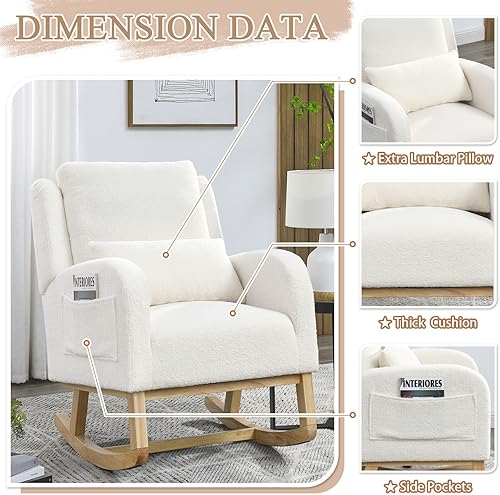 Miniatura 4 de Mecedora para guardería, mecedora tapizada con respaldo alado, mecedora de acento con cómodo respaldo alto, reposabrazos curvado, almohada lumbar