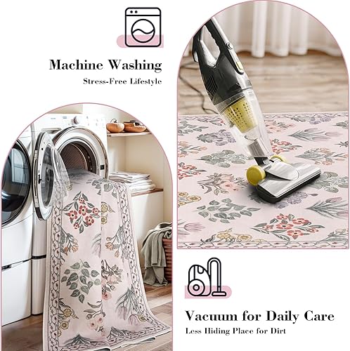 Miniatura 4 de Wonnitar Alfombras rosas para dormitorio, niñas, guardería, alfombra floral lavable de 5 x 7 pulgadas, ultrafina, antideslizante, suave, marroquí,