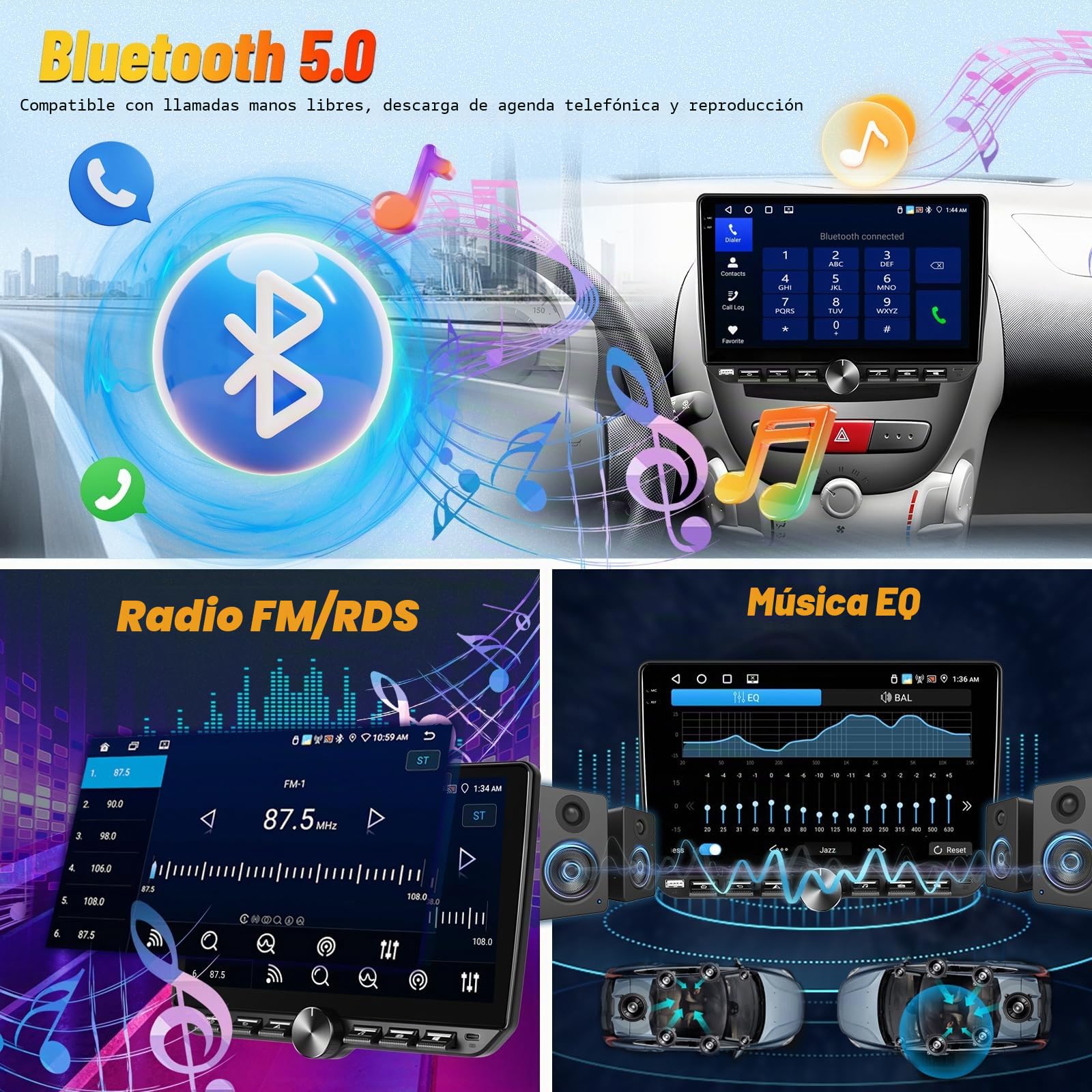Radio para Coche 4G+64G para Toyota Aygo/Peugeot 107/Citroën C1 (2004-2014), Pantalla táctil Android de 10 Pulgadas, Audio 32EQ, Pantalla 1280 * 720, Carplay, Android Auto, SWC, Bluetooth 5.0, WiFi