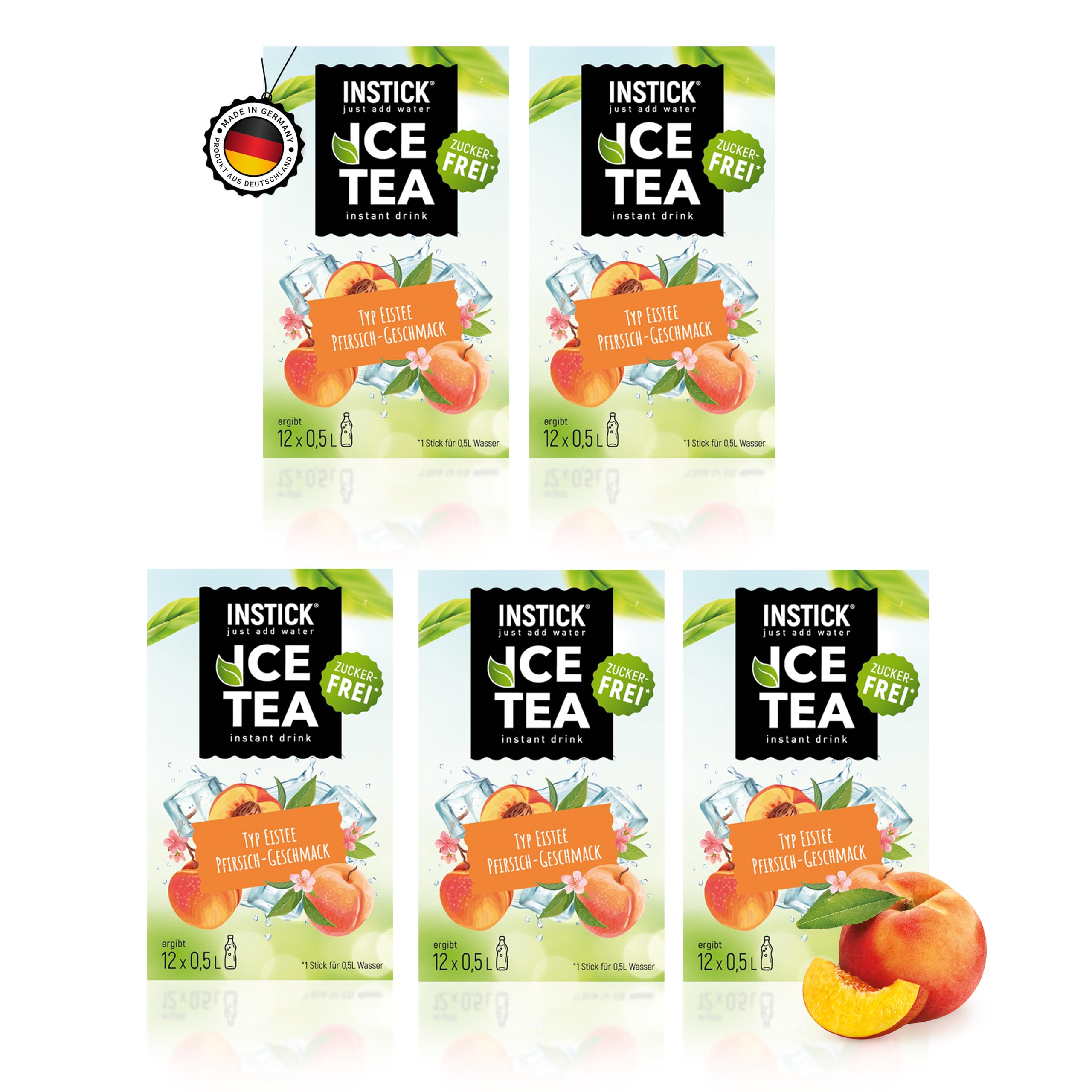 INSTICK Zuckerfreies Instant-Getränk (Bundle Pfirsich Eistee) Eistee Pfirsich mit Schwarztee-Extrakt 5x12 Sticks - 1 Stick für 0,5-1 L - Veganes Getränkepulver Kalorienarm & Vitamin C - Instant-Pulver
