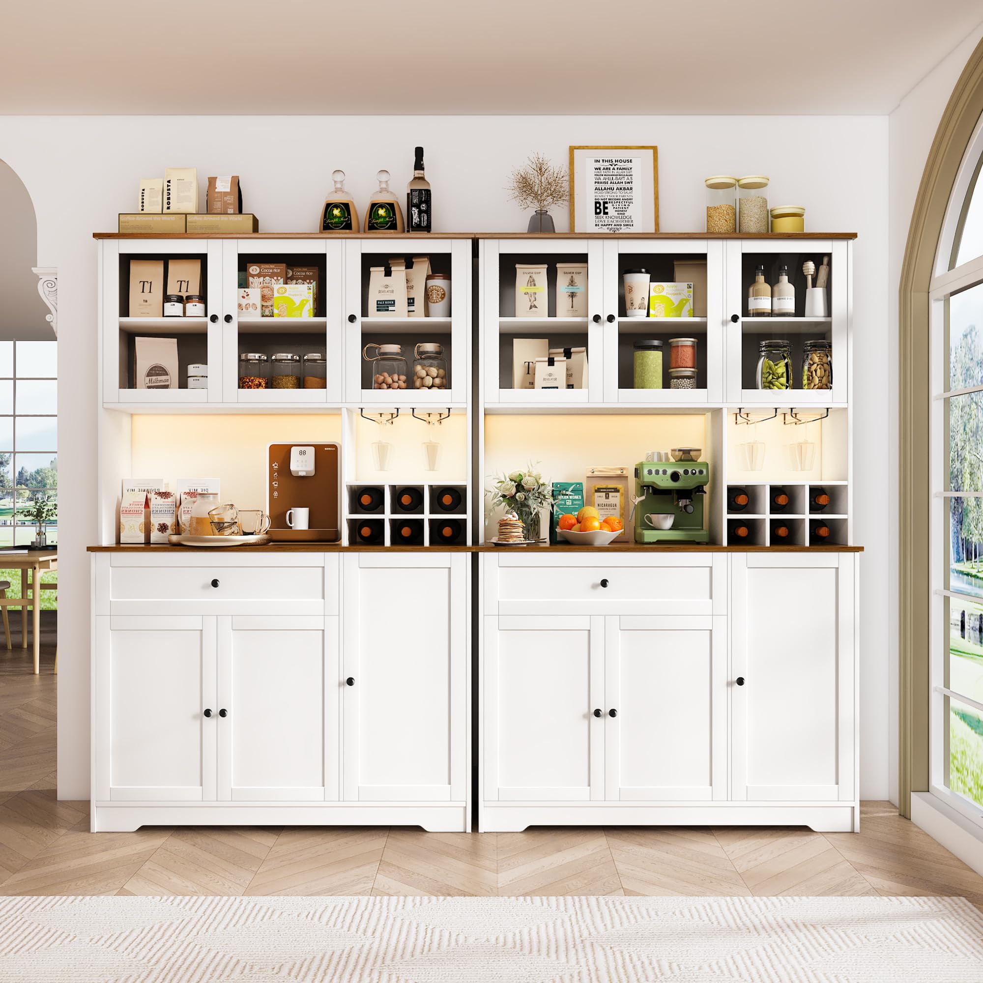 Küchenschrank mit Arbeitsplatte, Buffetschrank mit Weinregal, LED-Licht & Steckdose mit USB, Verstellbare Einlegeböden Anti-Kipp Vorrichtung, Sideboard Küche für Wohnzimmer Esszimmer (Weiß)