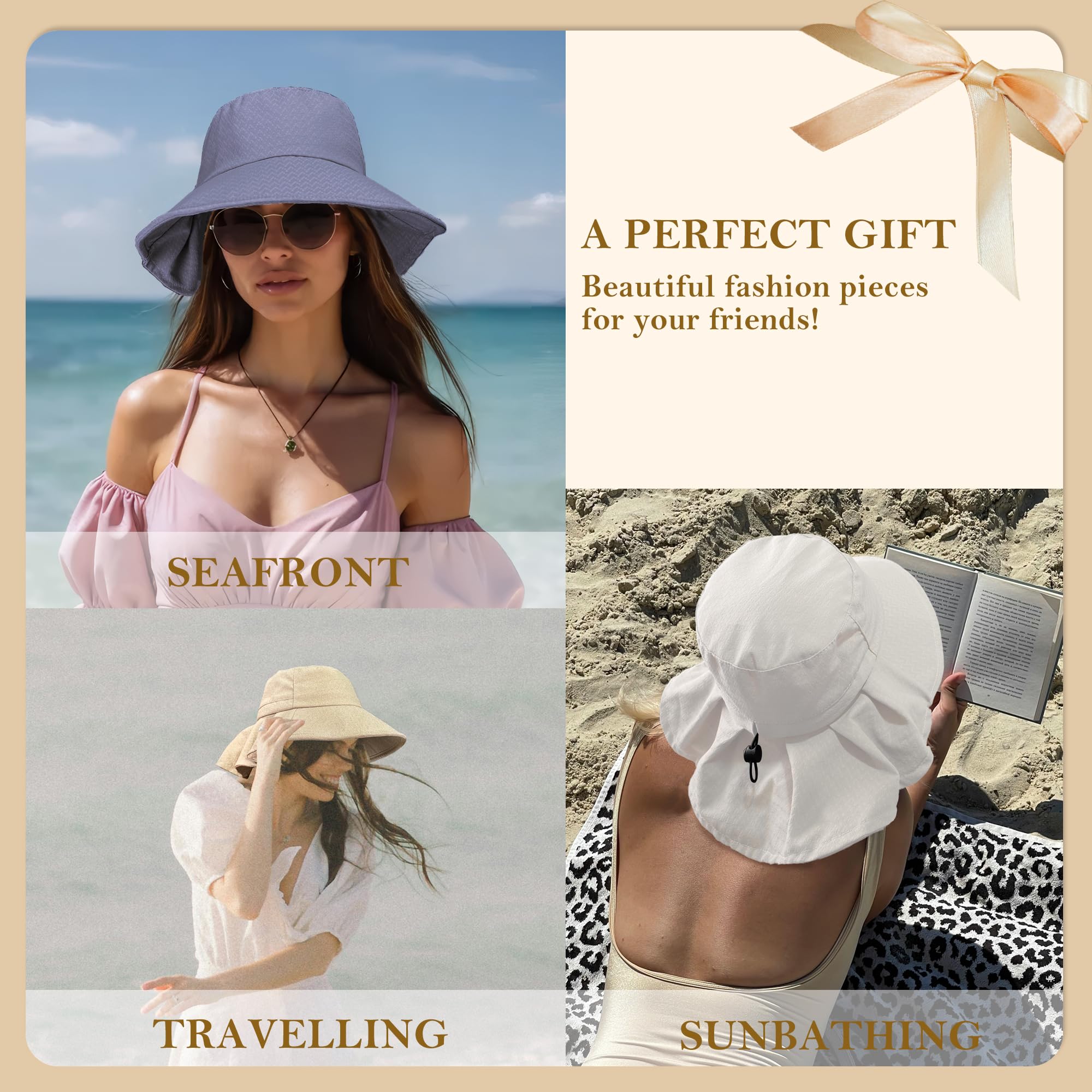 ehsbuy Chapeau Soleil Femme Coton Bobs Femme Ete Large Bord Pliable Lady Bucket Hat avec Cou et Mentonnier Réglable pour L'extérieur Plage Jardinage et Safari