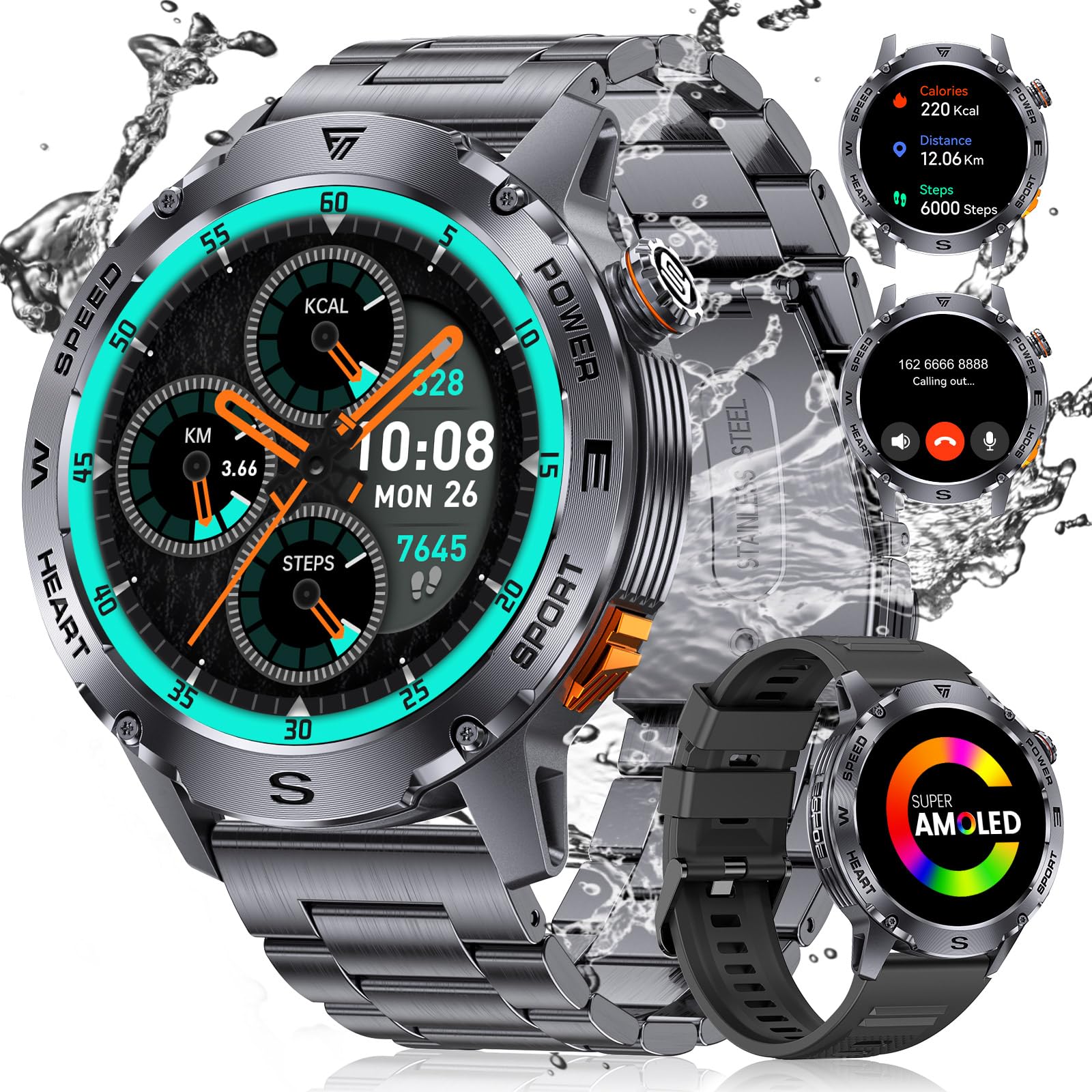 Smartwatch Hombre Militar Llamadas Bluetooth, 1.43'' AMOLED Deportivos Pulsera Actividad 100+ Modos/460mAh/SpO2/Pulsómetro/Monitor de Sueño,Reproducir Música,5ATM Impermeable Reloj Inteligente Hombre