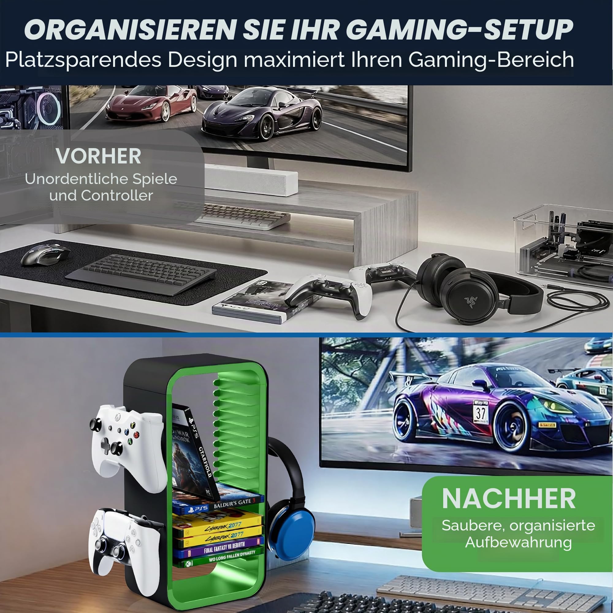 Universal Games Storage Tower Pro - Bis zu 18 Spiele - Mit Controller Halterung für bis zu 4 Gamepads - Gaming Zubehör für PS5, PS4, PS3, Xbox X/S/One, Switch, Switch OLED, Blue Ray, DVD