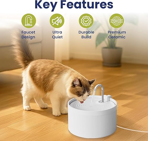 Miniatura 2 de PawsPik Ceramic Serenity - Fuente de agua para mascotas, boquilla estilo grifo, motor silencioso, filtro de 5 capas, cuenco de cerámica sin BPA para
