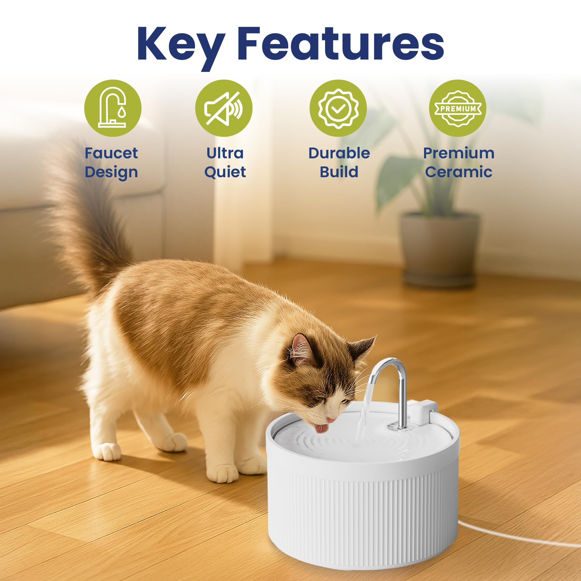 PawsPik Ceramic Serenity Pet Water Fountain – Faucet-Style Spout, Quiet Motor, 5-Layer Filter – BPA-Free Ceramic Bowl for Dogs & Cats, 9-Cup, White - image 2