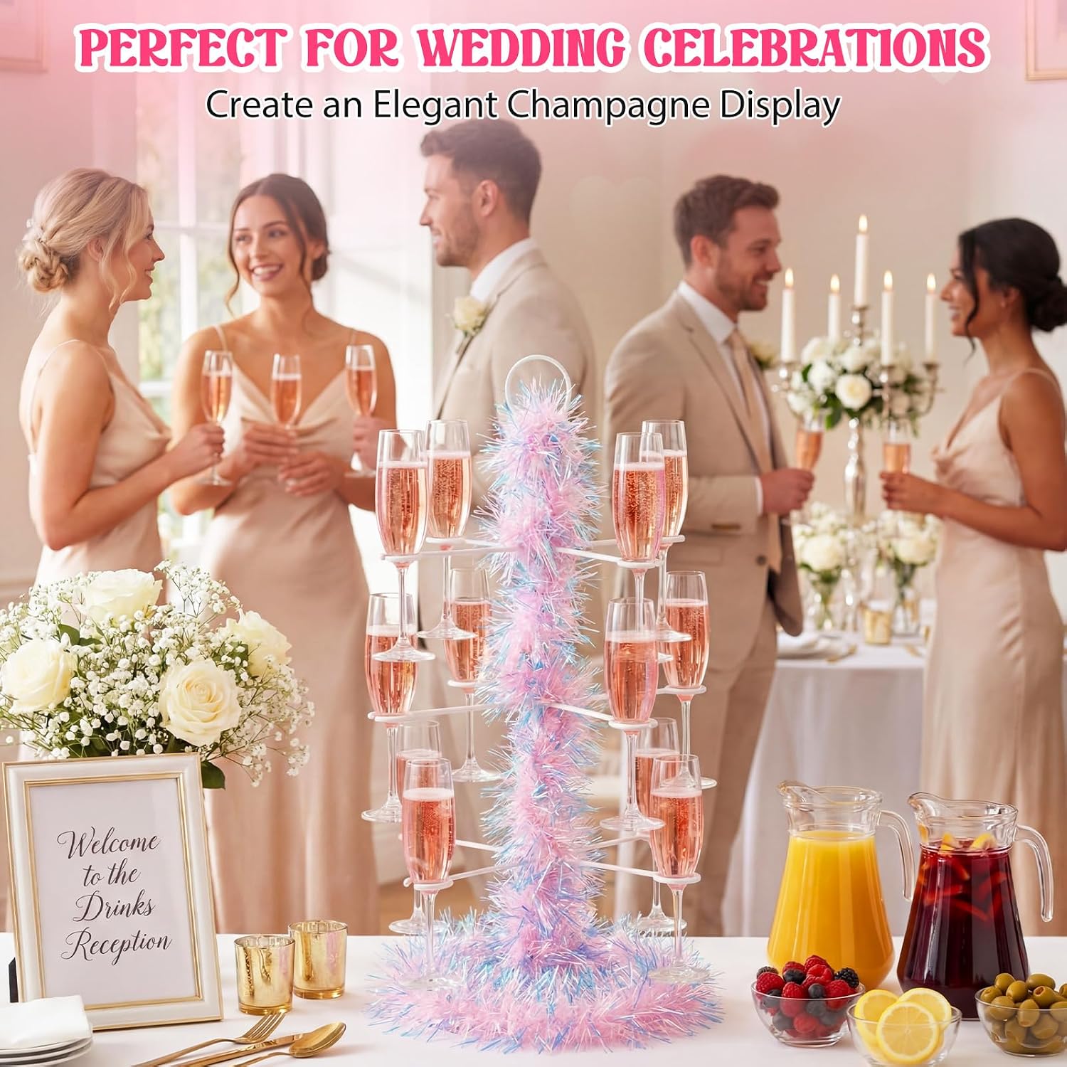 LemonRoad Wedding Cocktail Tree Stand with Garland 3 Tier 12 Glass Holders Champagne Tower Display Drink Stand for Martini Mimosa Bar Bridal Shower Bachelorette Party Decor Centerpiece(Pink and White)