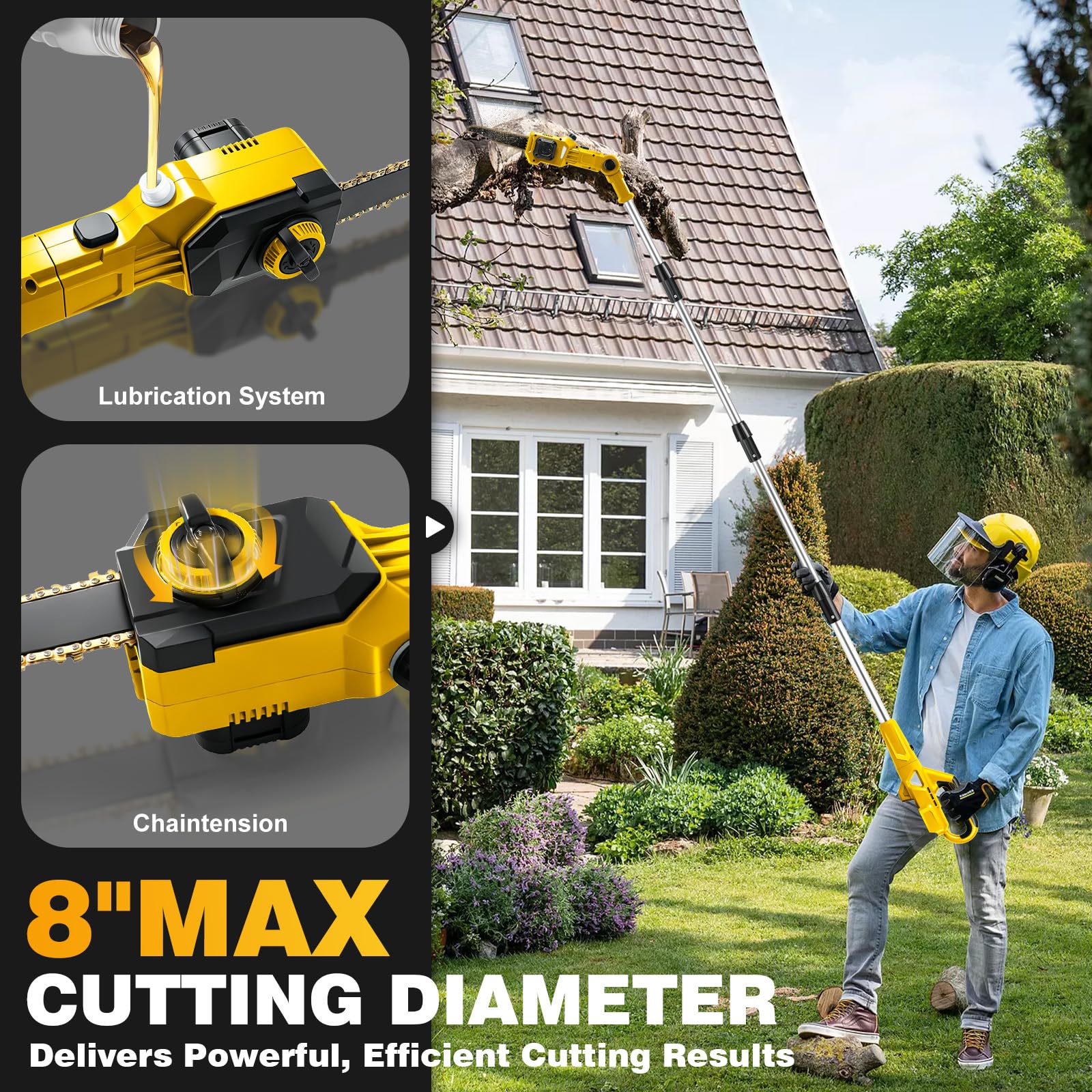 Mini Tronconneuse avec Perche 8 Pouces & Taille-haie Telescopique | pour Dewalt 18 V 20V Batterie, Longueur de Coupe 400 mm Cisaille à Gazon et Arbustes sans Fil sur Perche, Portée Maximale 4,5 m