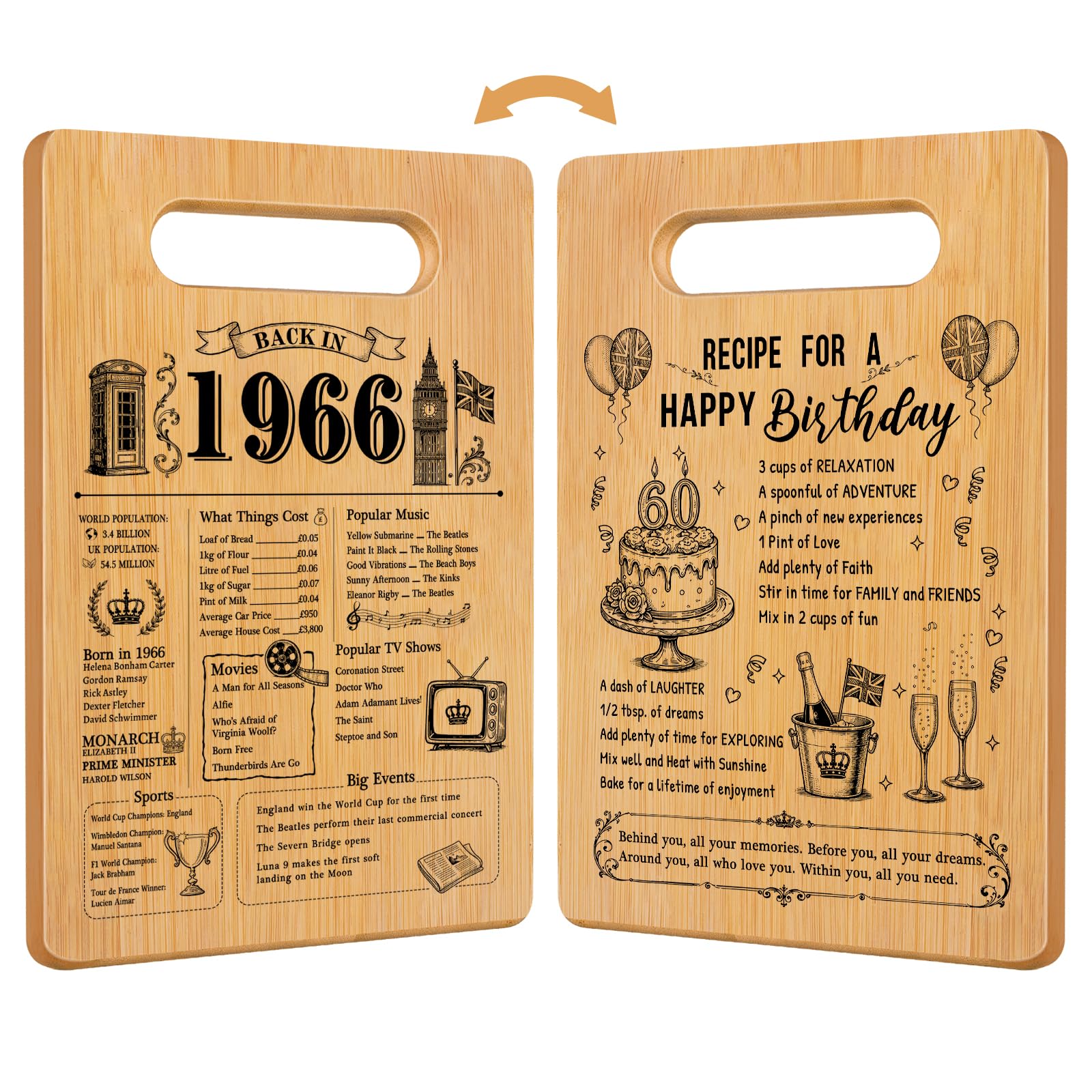 60th Birthday Gifts for Women Men 60 Year Old, 1966 Double Sided Chopping Board
