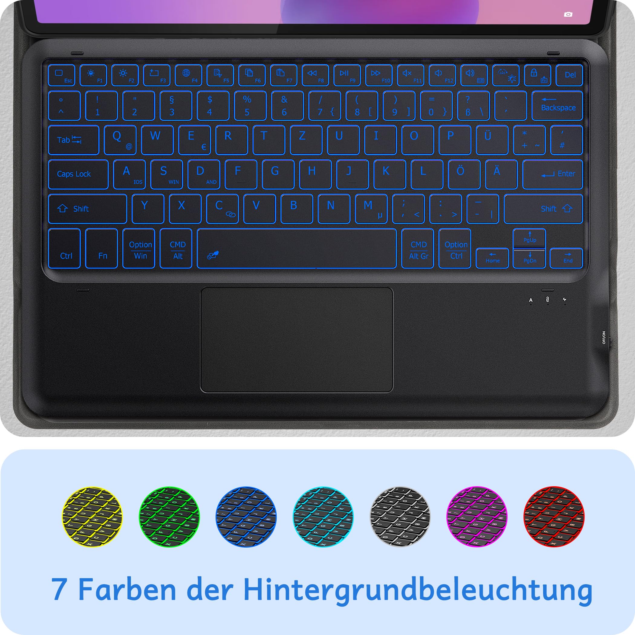 CACOE Tastatur Hülle Kompatibel mit Lenovo Idea Tab Pro 12.7 2025 mit Touchpad, Abnehmbare Kabellose Tastaturhülle mit 7-Farben-Beleuchtung, Schwarz