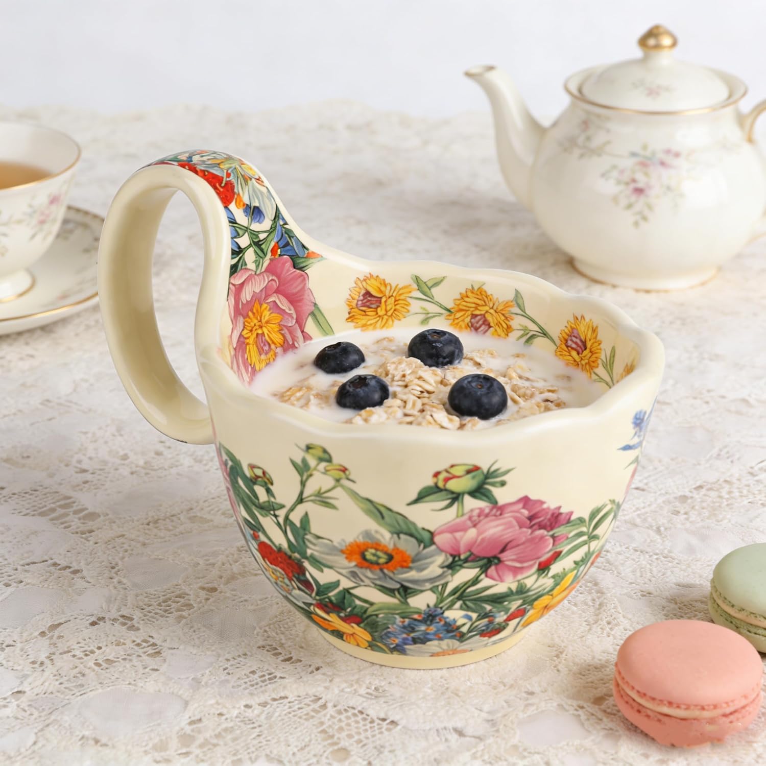 16-Ounce Microwave-Safe Soup Bowl with Loop Handle - Hand-Painted Decorative Soup Mug with Spoon - Oven-Safe Cereal Bowl for Ice Cream, Stew, Snacks, and Fruit (Blossoms)