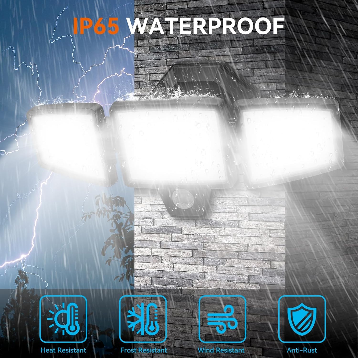 Luces de inundación de 60 W, 6000 lm, luz LED de inundación controlada por interruptor para exteriores, IP65, impermeable, con 3 cabezales ajustables