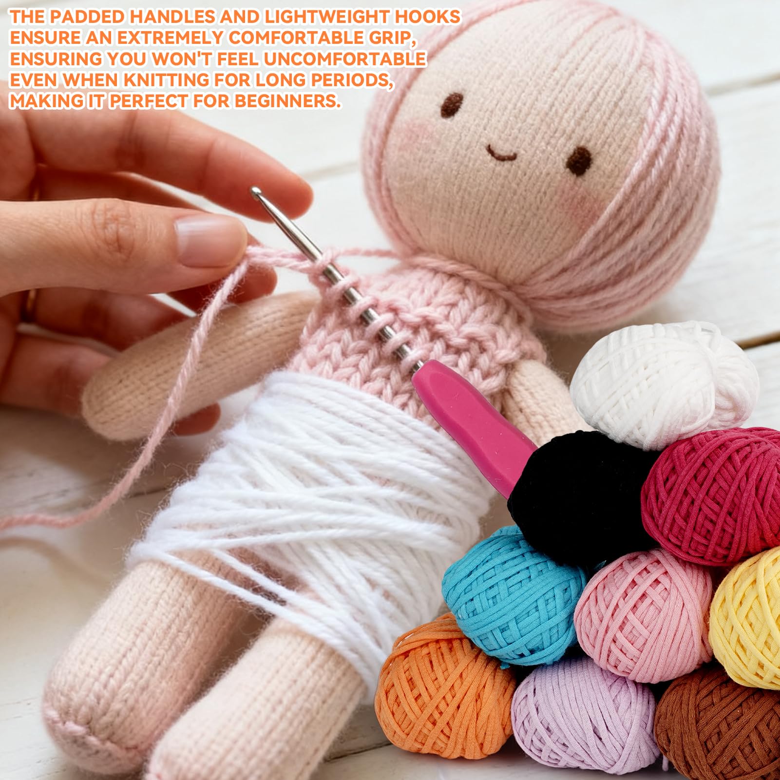 YUMILI Kit per uncinetto per principianti, set da 36 pezzi con 10 colori a tinta unita da 2 mm, uncinetti ergonomici, per adulti e bambini, per lavori fai da te