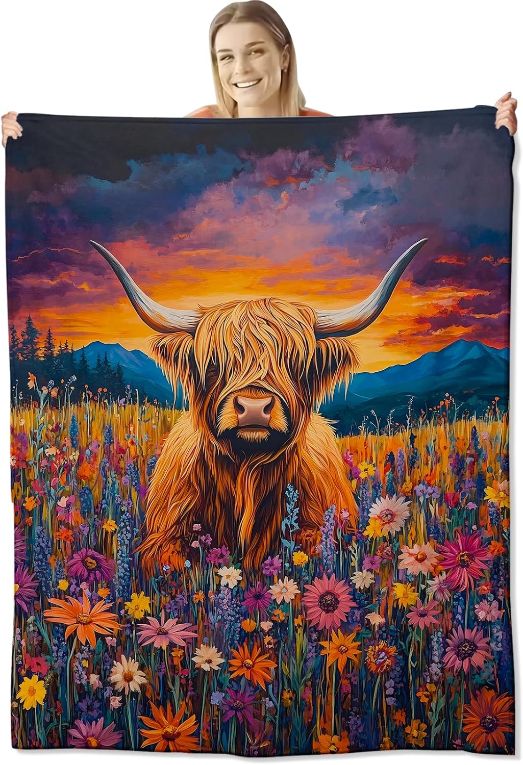 Highland Cow Flannel Throw Blanket 80x60 Inch, Cute Animal in Wildflower Field at Sunset, Vibrant Nature Art Style Blankets for Living Room, Bedroom, Sofa, Country Decor Gifts Throws