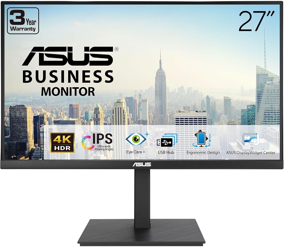 ASUS 27” 4K Business Monitor (VA27UQSB) - UHD (3840 x 2160), IPS, Frameless, HDR10, DisplayPort, Dual HDMI, Speakers, Eye Care, Ergonomic, pivot, swivel, height adjustable, DisplayWidget, 3yr warranty : Electronics