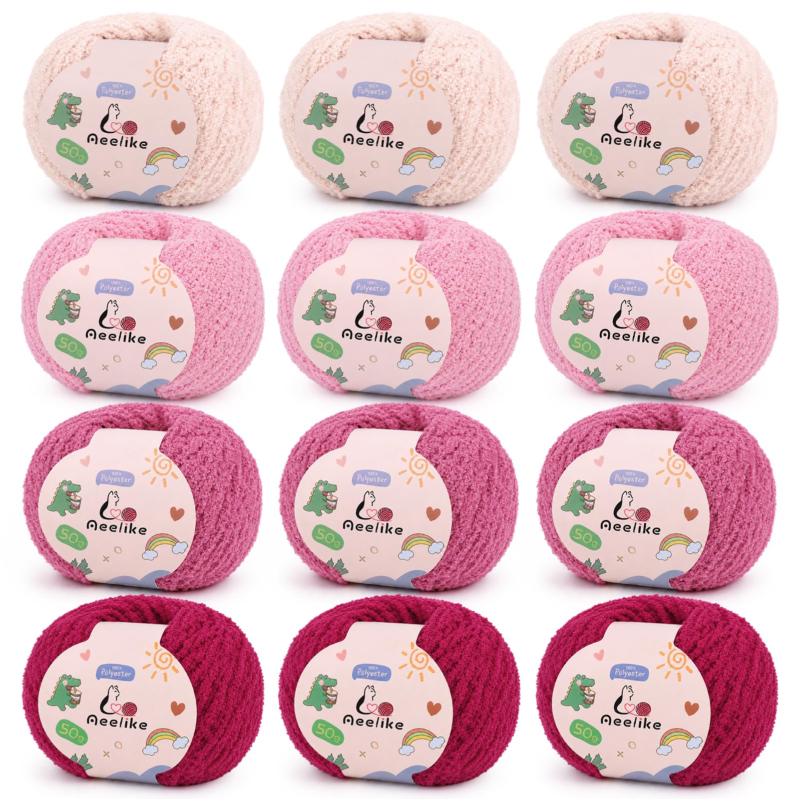 Aeelike Fluffy Yarn 12x50g, Pink Fluffy Wool for Knitting, Flutterby Chunky Yarn for Crochet, Soft Plush Yarn Thick Wool for Baby Blanket & Amigurumi (Pink)