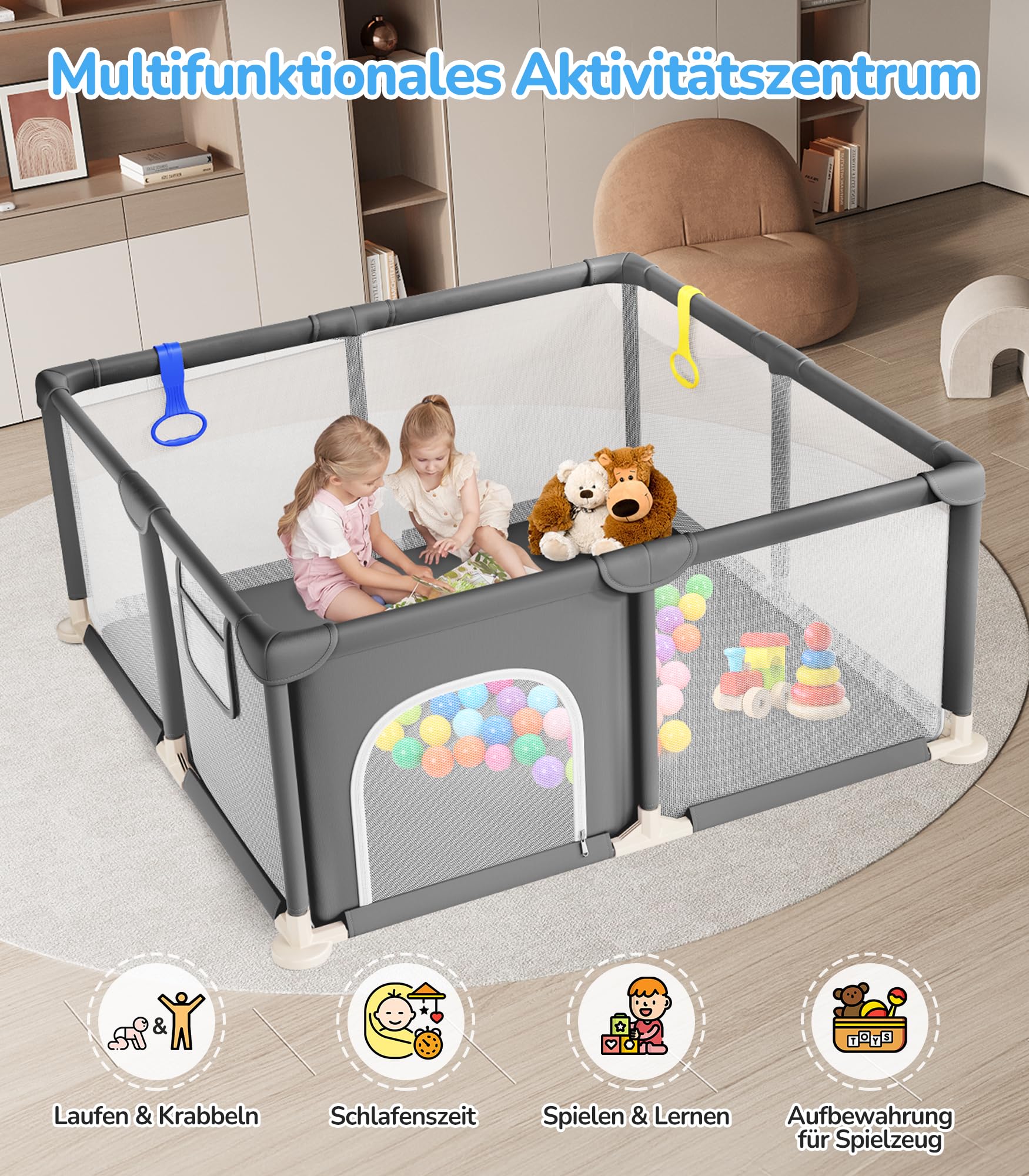 Dripex Laufstall Baby, Kompakter Laufgitter Baby ideal für kleine Räume, Indoor & Outdoor Laufgitter & -Ställe mit Atmungsaktivem Netz & Pull-up Rings, 124x124cm, Dunkelgrau