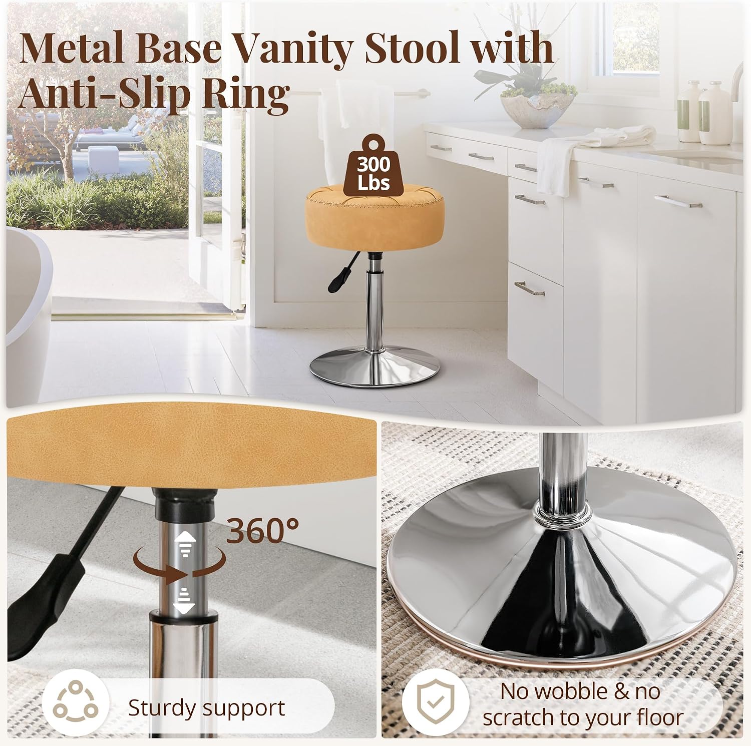 LUE BONA Adjustable Vanity Stool, 360°Swivel Vanity Chair Stool for Makeup Room, Honey Brown Stool Chair for Vanity, Small Velvet Vanity Stool for Bathroom, Living Room image 3