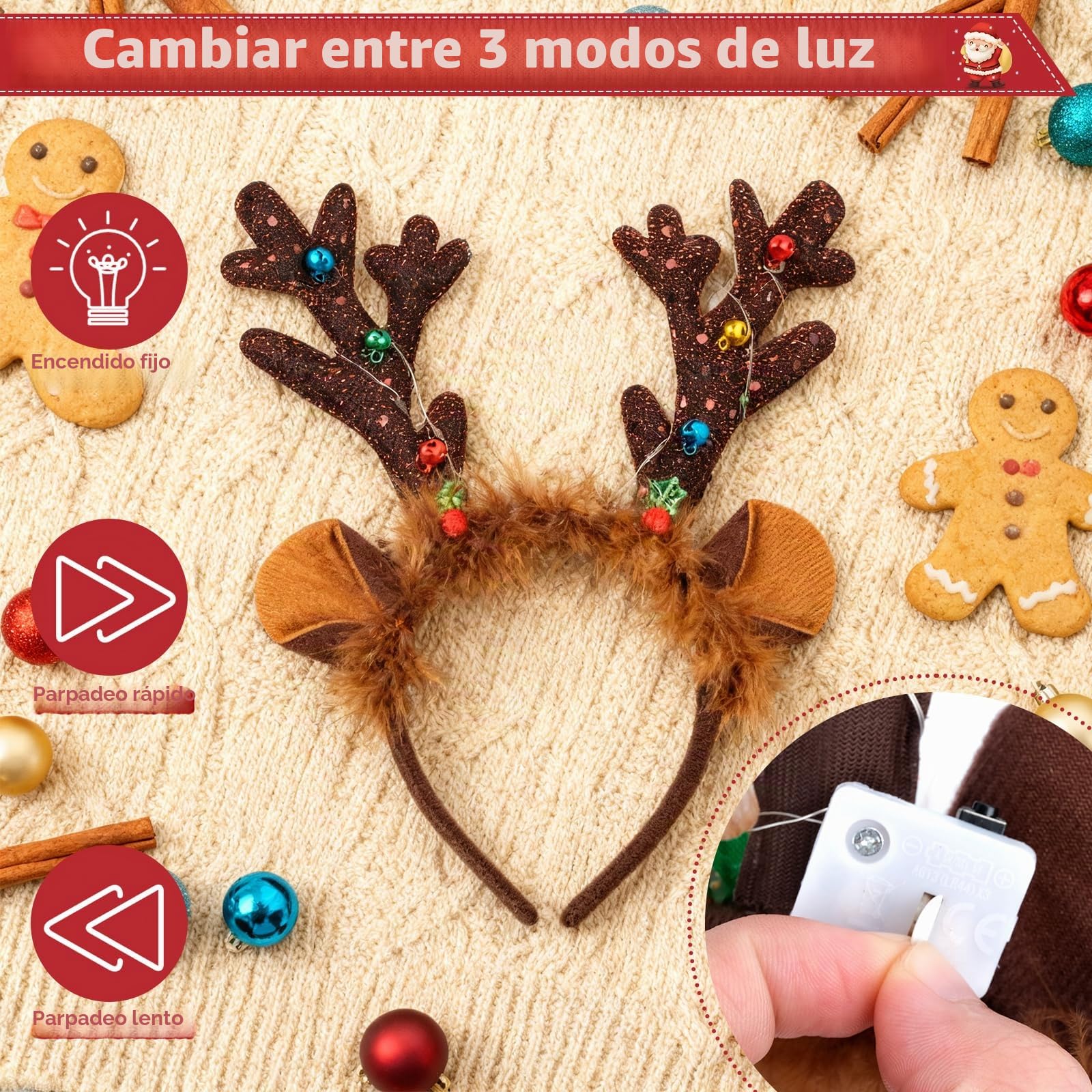 2 Diadema Navidad, Diademas Navideñas con Luces Set Incluye 2 Pegatinas de Rubor, Diadema Reno Navidad, Diademas Navideñas con Cascabeles Apto para Niños y Adultos