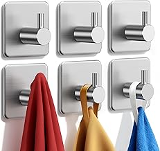 Auxmir 6 Pack Self Adhesive Hooks, Max 10kg Heavy Duty Sticky Hooks, Stainless Stick on Towel Hook, Nail Free Adhesive Hook for Kitchen, Bathroom, Cupboards, Office, Doors, Walls, Coats, Keys