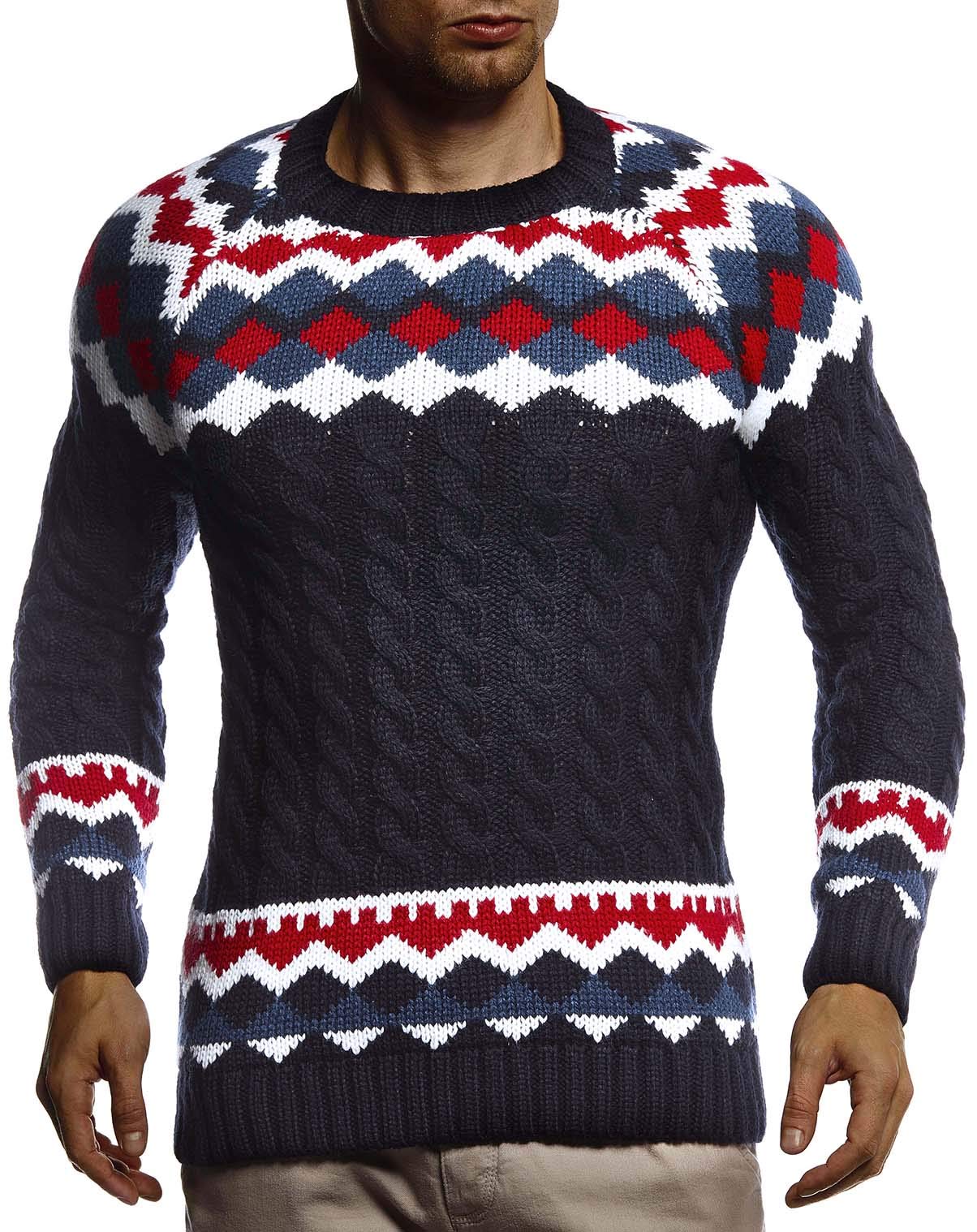 Leif Nelson Herren Strickpullover Norwegerpullover Pullover mit Rundkragen Winterpullover Männer Pulli für Weihnachten Winter Norweger Muster Slim Fit Crew Neck LN20757