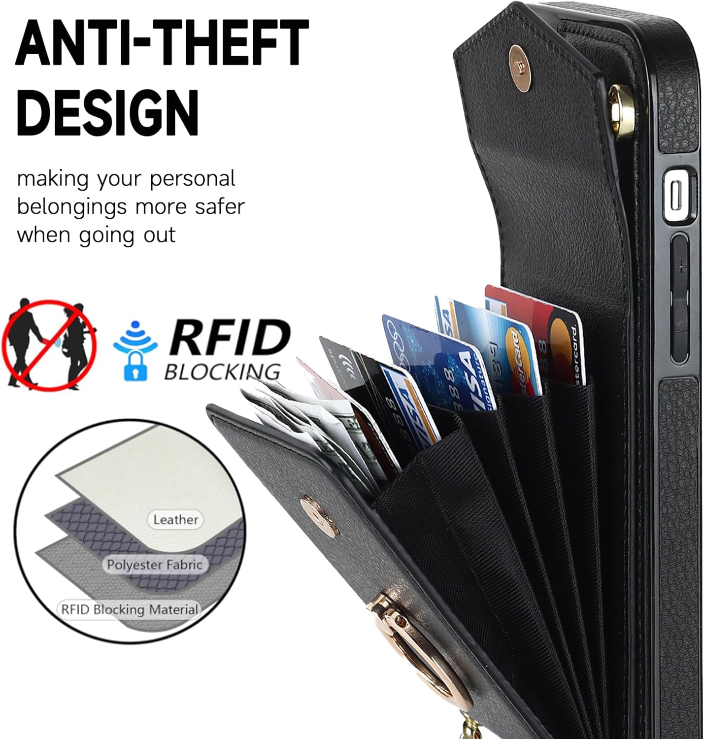 for iPhone 17 Case 6.3 inch, Minimalist Wallet Case with Ring Kickstand and Shoulder Strap, Shockproof Stylish Protective Cover for iPhone 17 -Black