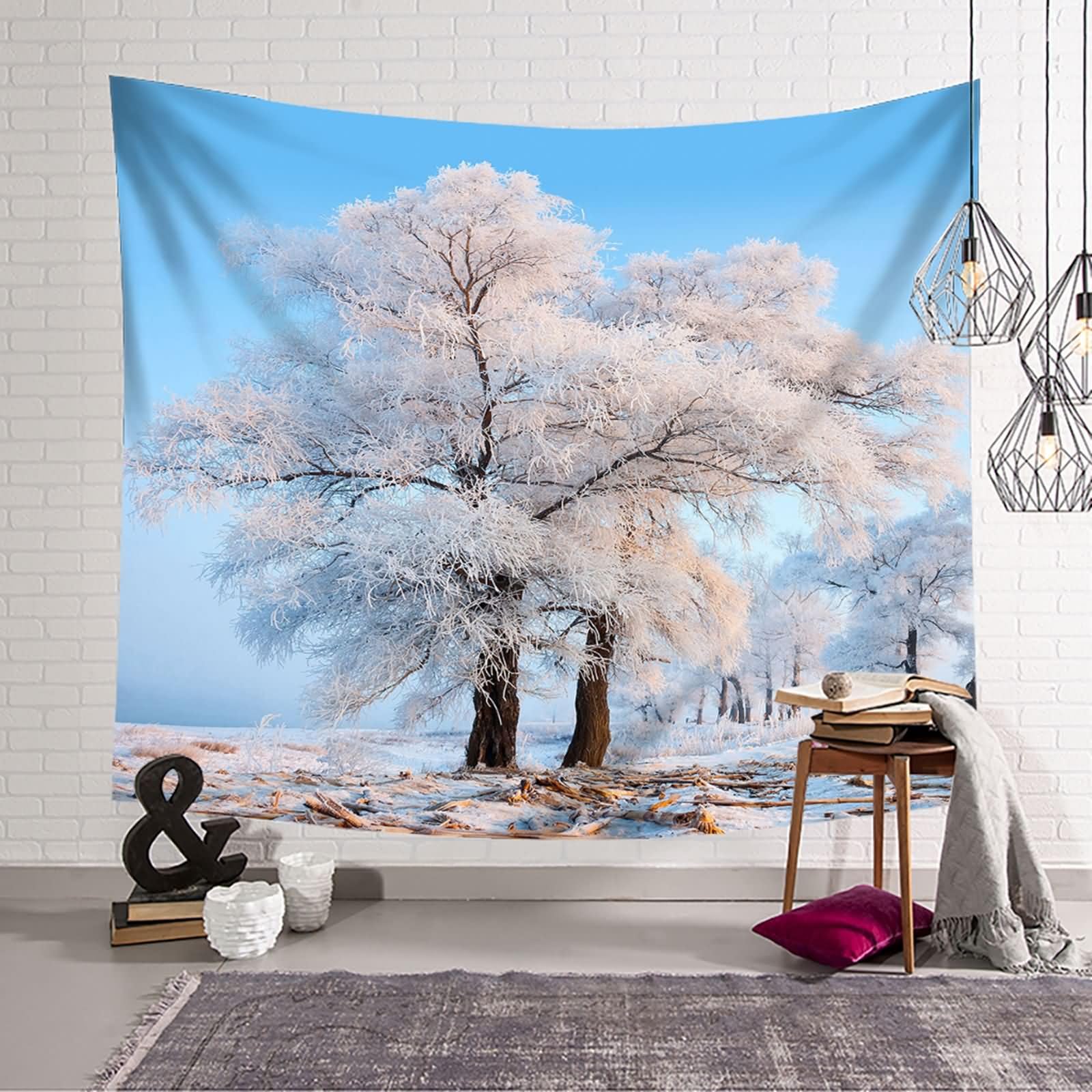 Homxi Wandteppich Landscape 260 W x 240 H CM, Schneebaumlandschaft, Polyester Wandtücher Decor, Blau Beige Braun