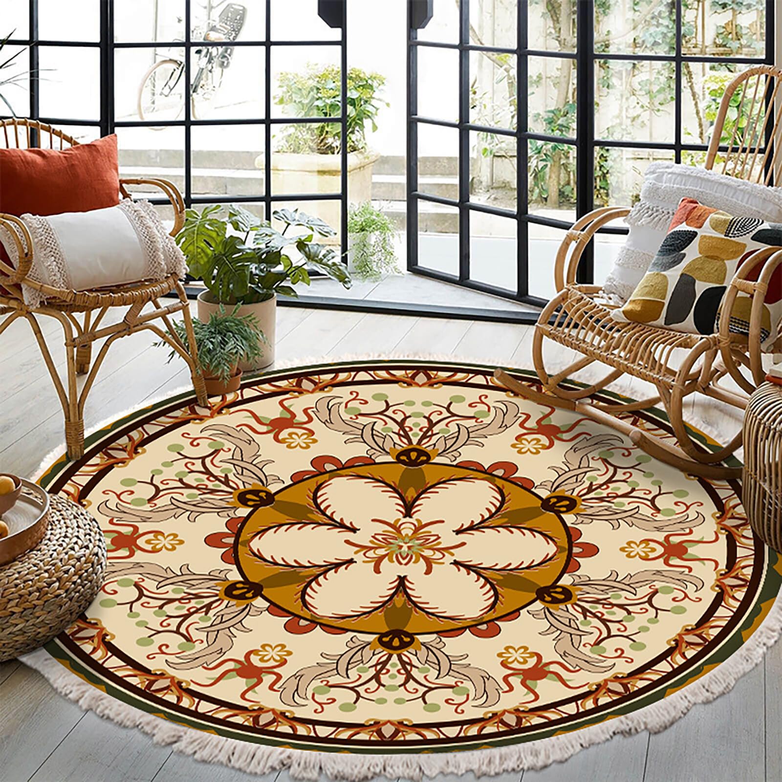 Tapis poils courts lavable en machine rond bohème 120cm motif C