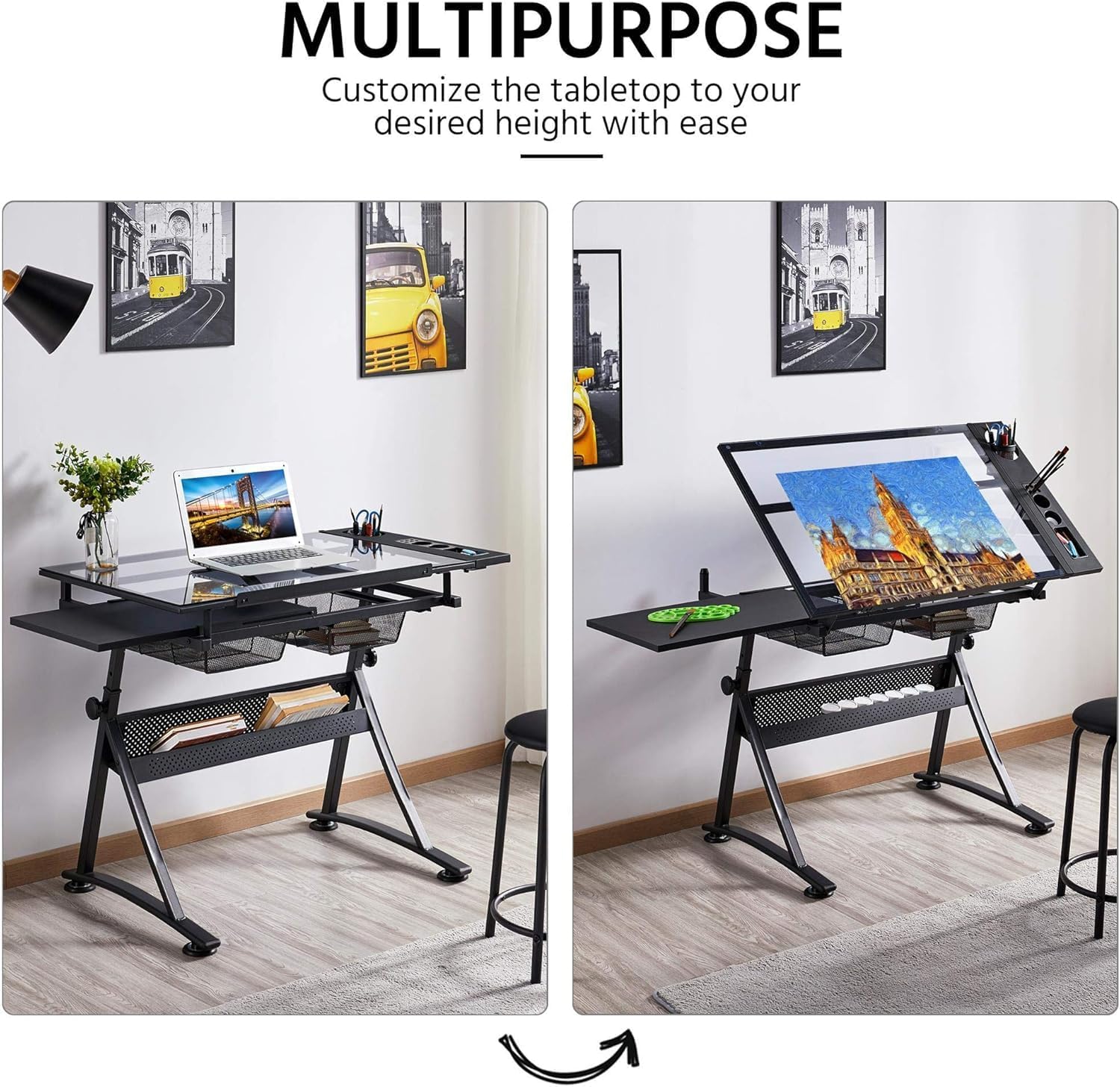 Zeichentisch mit Hocker, Architektentisch Höhenverstellbar 72-92cm, Schreibtisch mit 0-75 ° Neigbarer Tischplatte, Schülerschreibtisch mit 2 Schubladen, Arbeitstisch für Künstler, Schwarz