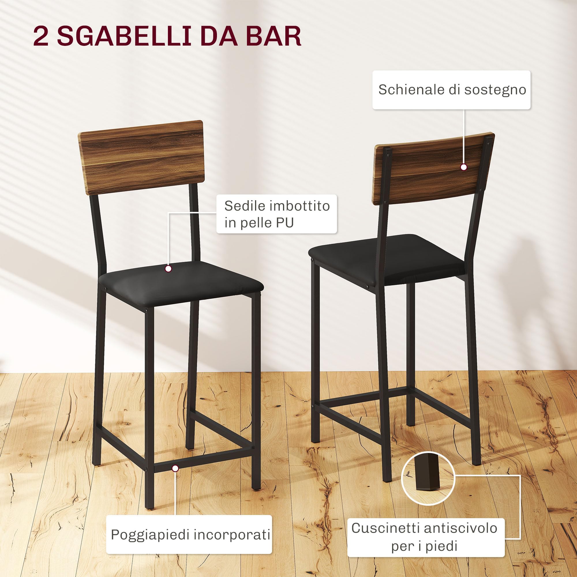 HOMCOM Set da Bar 3 Pezzi con Bancone Bar Pieghevole Allungabile e 2 Sgabelli Alti con Schienale e Poggiapiedi, Portavini e Portacalici Integrati, Stile Industriale, Tavolo Bar per Soggiorno, Marrone