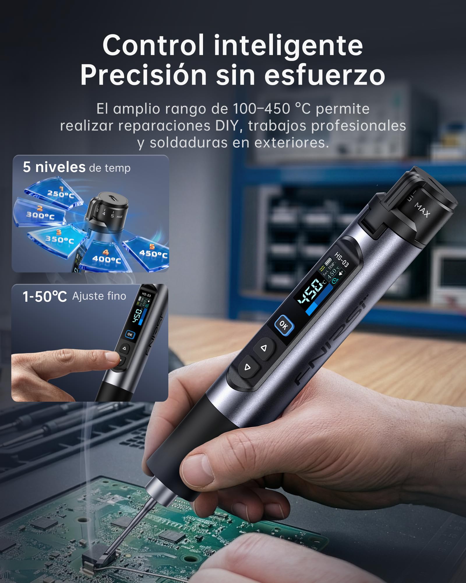FNIRSI HS-03 Batería Soldador Kit Soldador Inalámbrico con Batería de 2600 mAh, 100-450 °C, calentamiento rápido 3s, 5 niveles de temperatura, pantalla IPS de 0,96 pulgadas, soldador portátil para