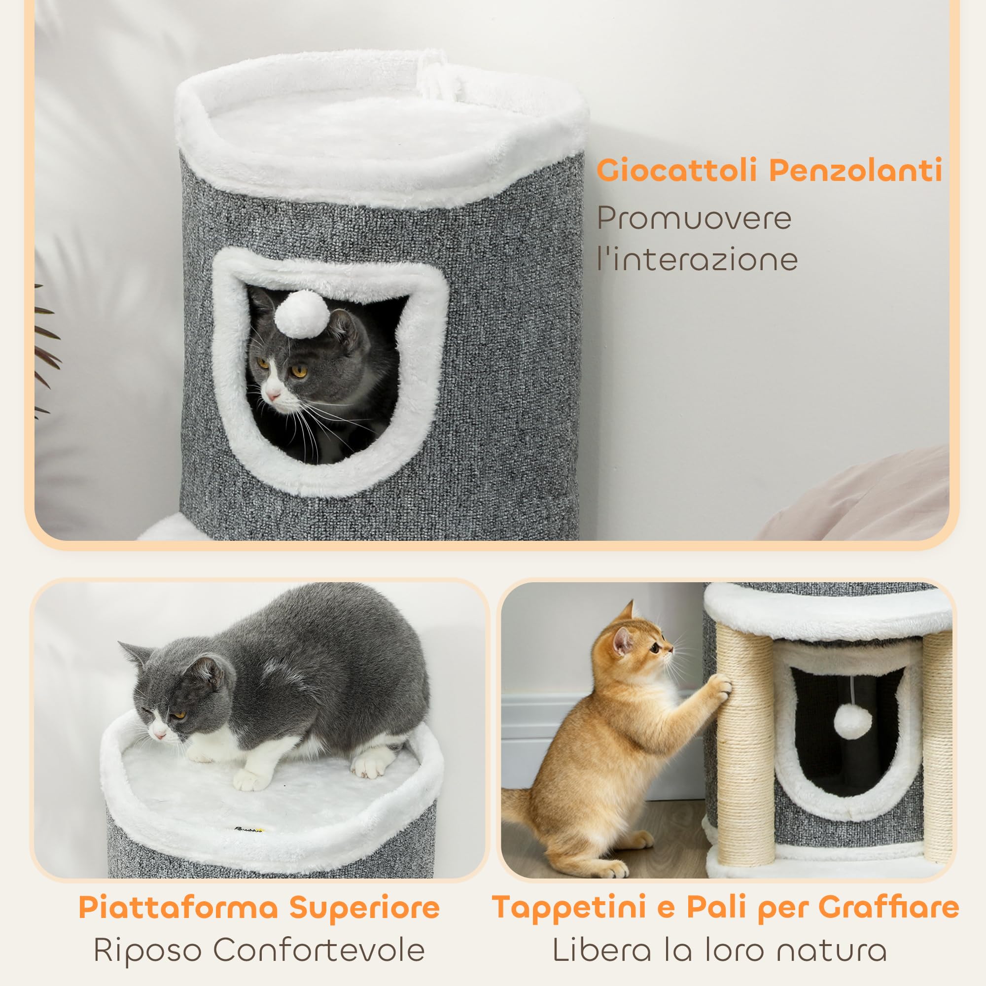 PawHut Albero Tiragraffi per Gatti Alto 76 cm Torre a Cilindro Grigio | per Gattini, con Casette, Lettino Superiore, Palline, Pali in Sisal